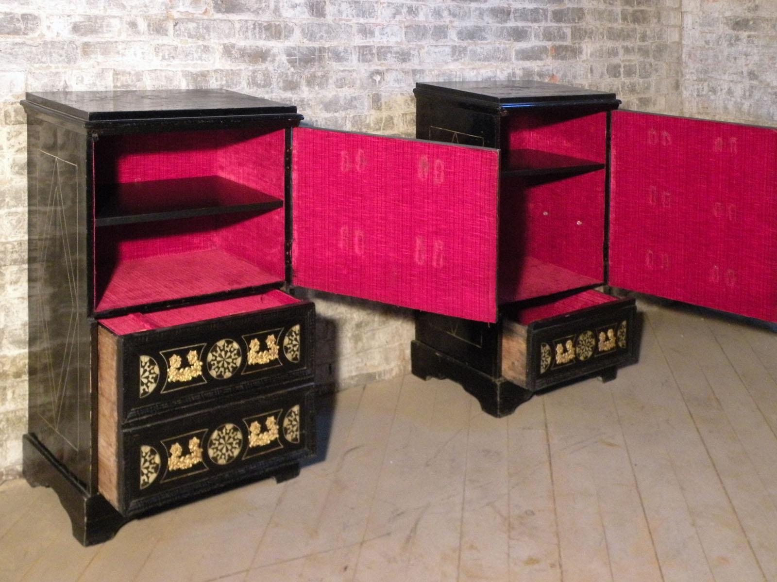 18th Century and Earlier Pair of 18th Century Italian Ebonized and Inlaid Comodini or Nightstands