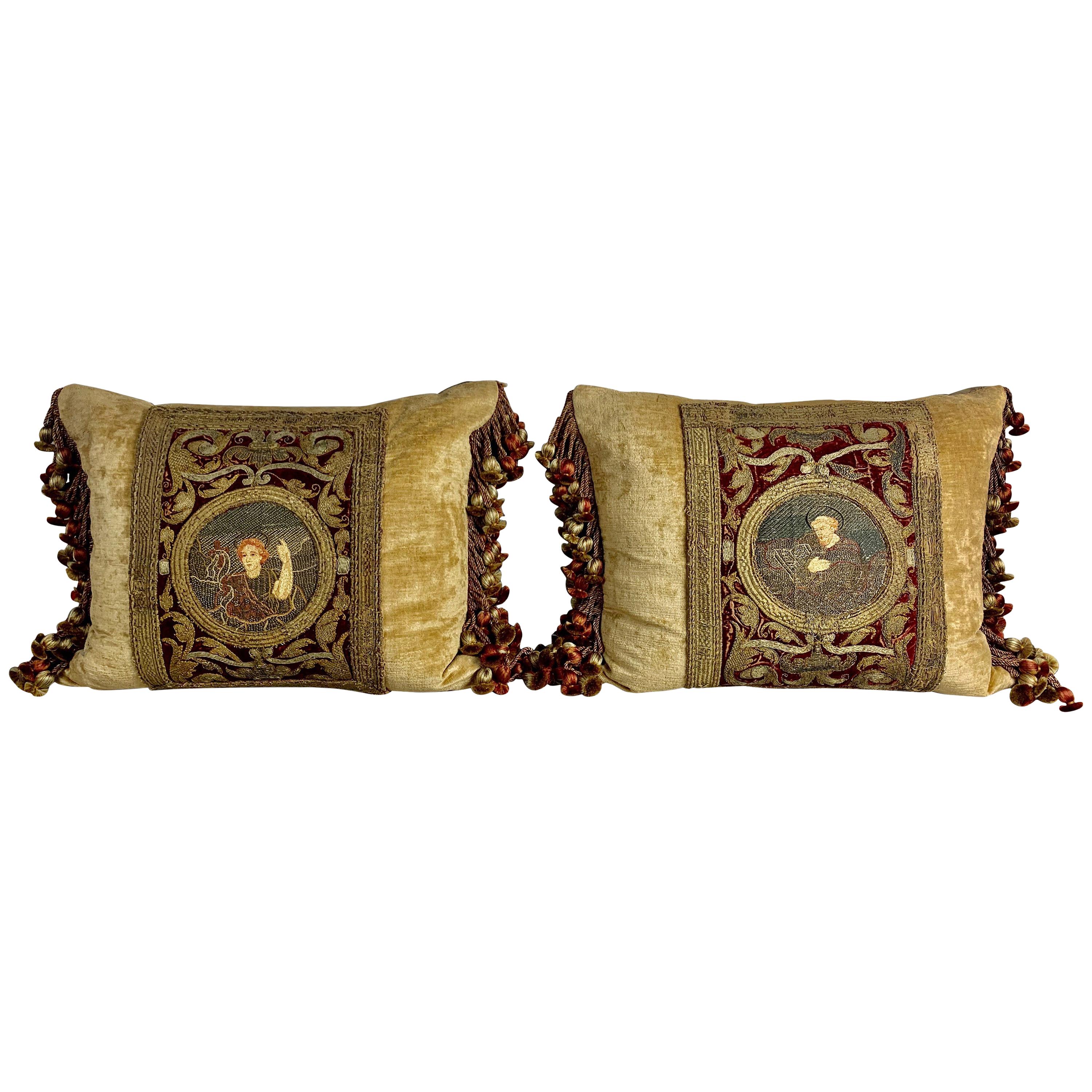 Pair of 18th Century Italian Embroidered Metallic Velvet Pillows