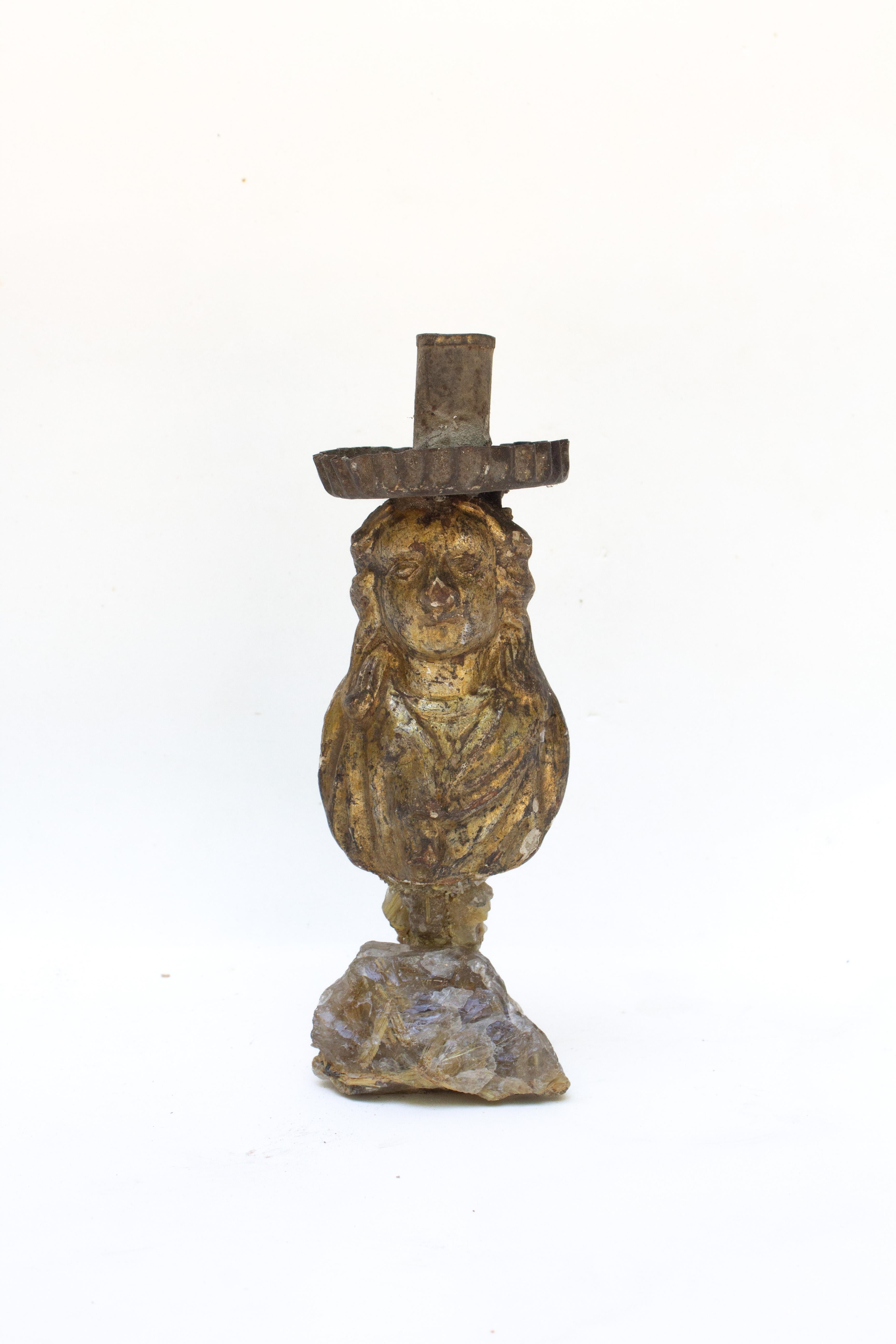 Rococo Pair of 18th Century Italian Figurative Candlesticks on Rutile Quartz Crystals For Sale