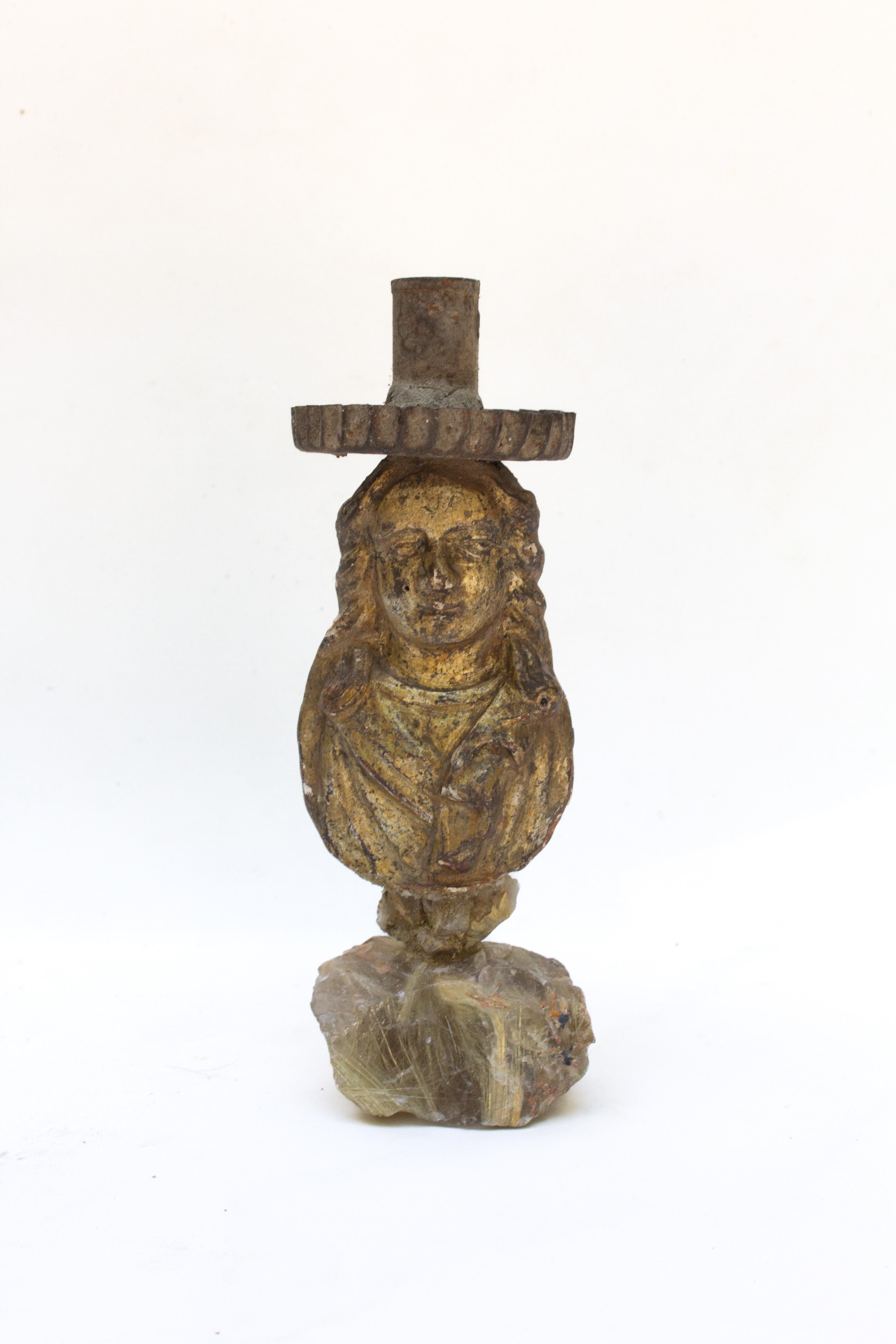 Hand-Carved Pair of 18th Century Italian Figurative Candlesticks on Rutile Quartz Crystals For Sale