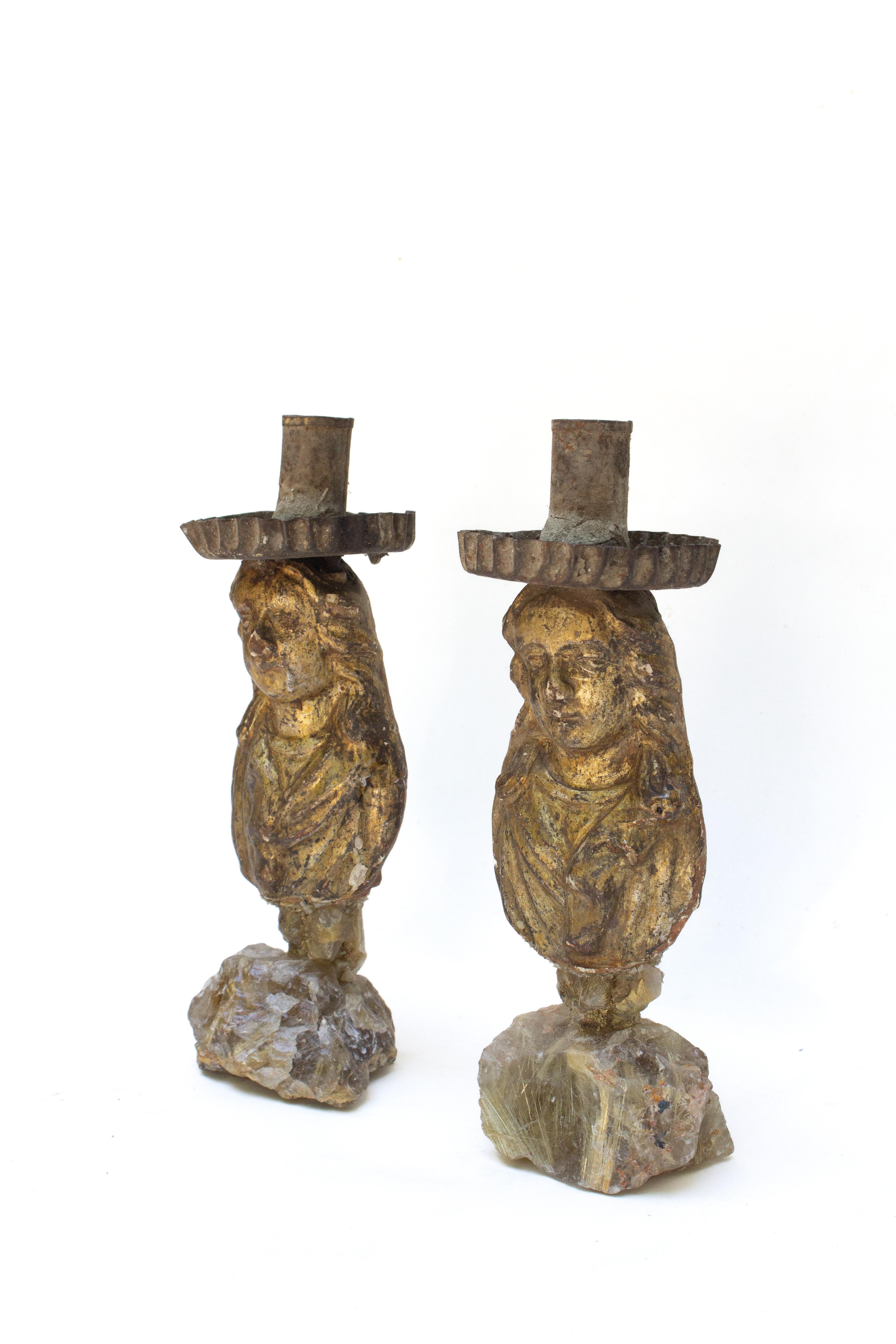 Pair of 18th Century Italian Figurative Candlesticks on Rutile Quartz Crystals In Good Condition For Sale In Dublin, Dalkey