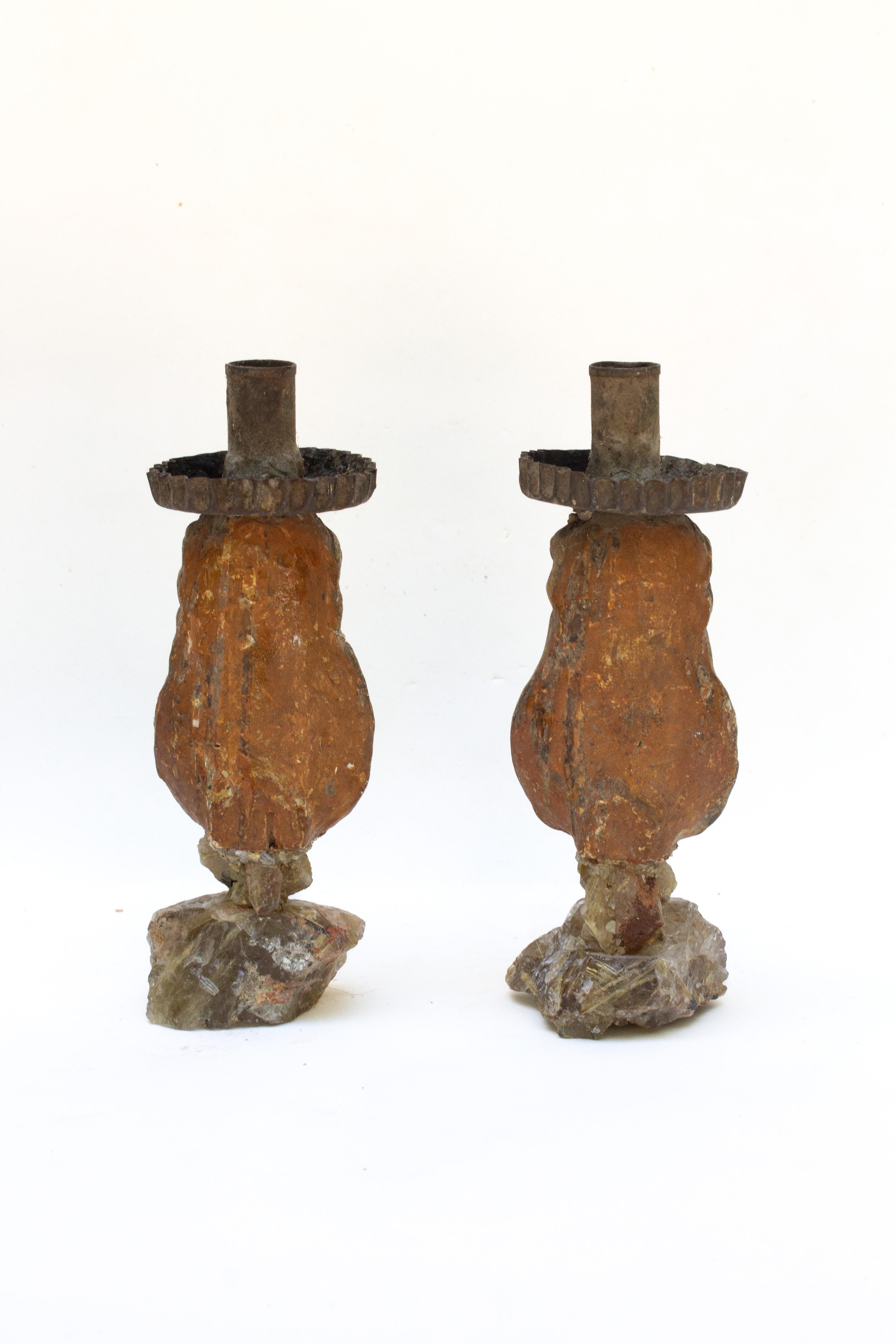18th Century and Earlier Pair of 18th Century Italian Figurative Candlesticks on Rutile Quartz Crystals For Sale