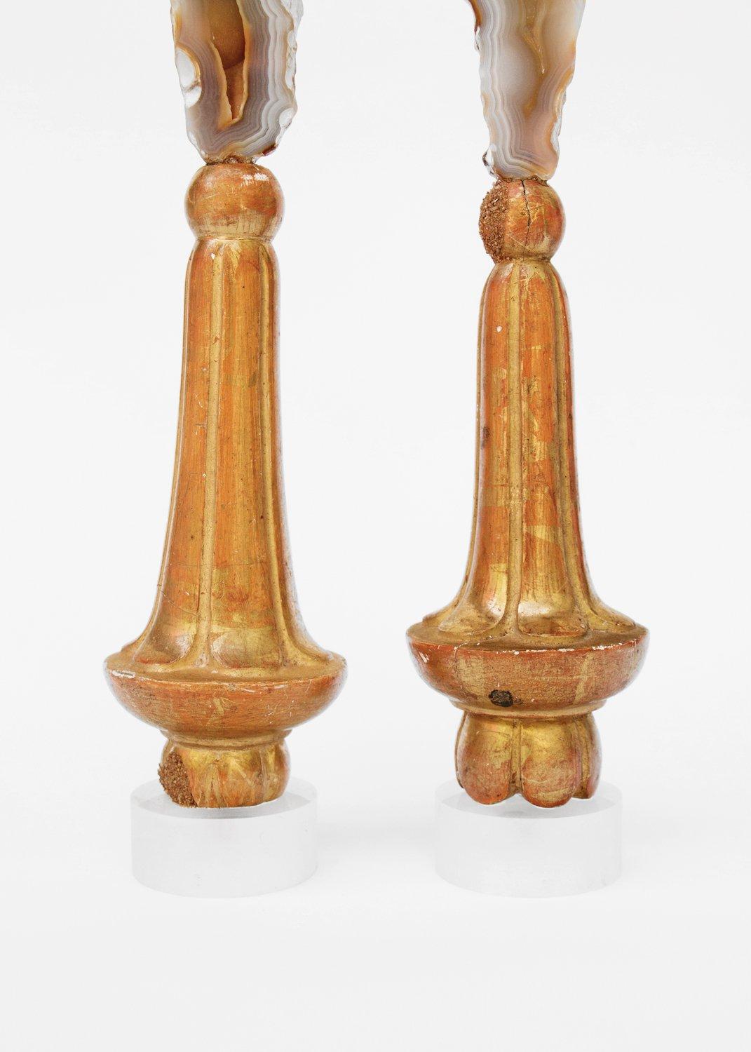 Carved Pair of 18th Century Italian Finial Bases with Agate Coral on a Lucite Base For Sale