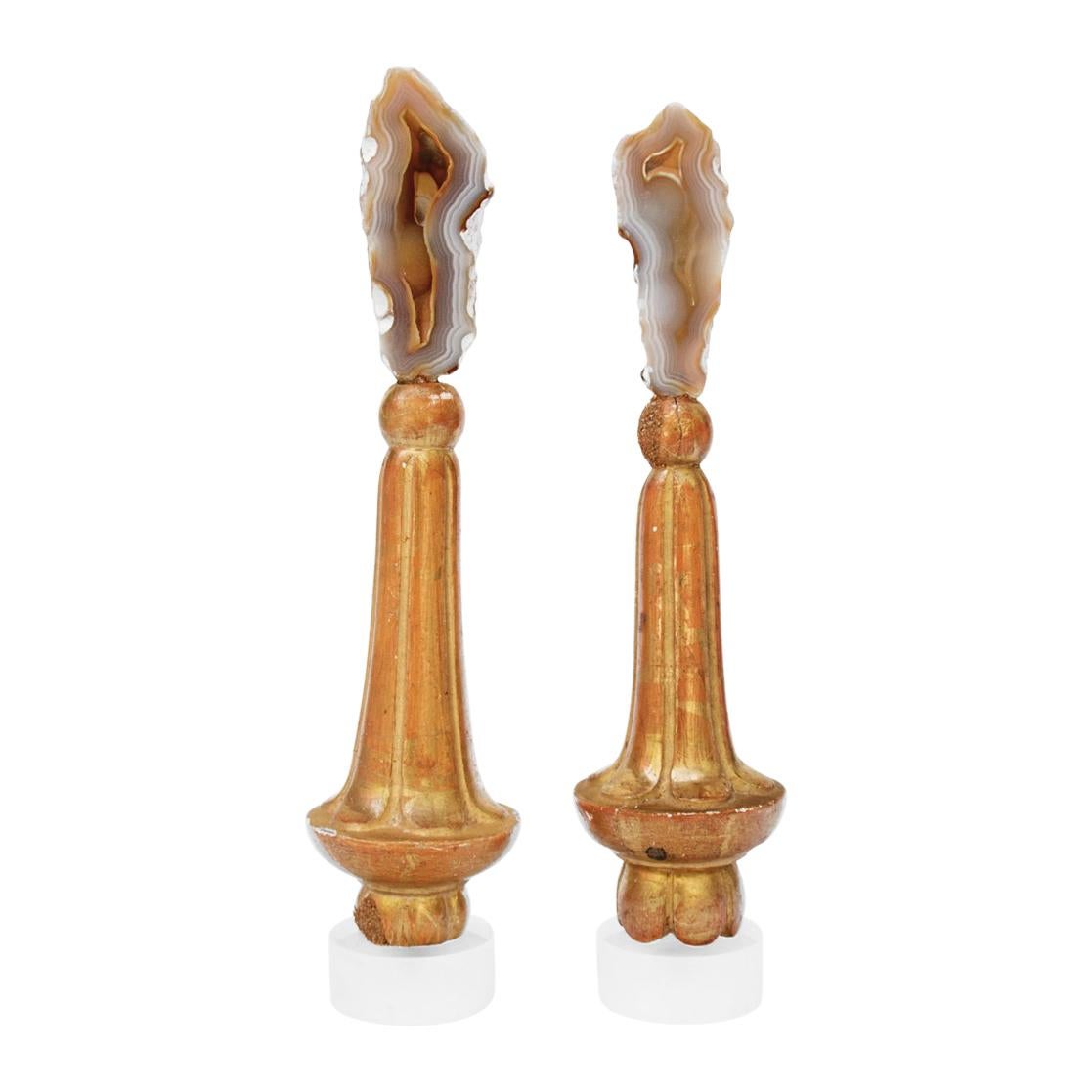 Pair of 18th Century Italian Finial Bases with Agate Coral on a Lucite Base For Sale