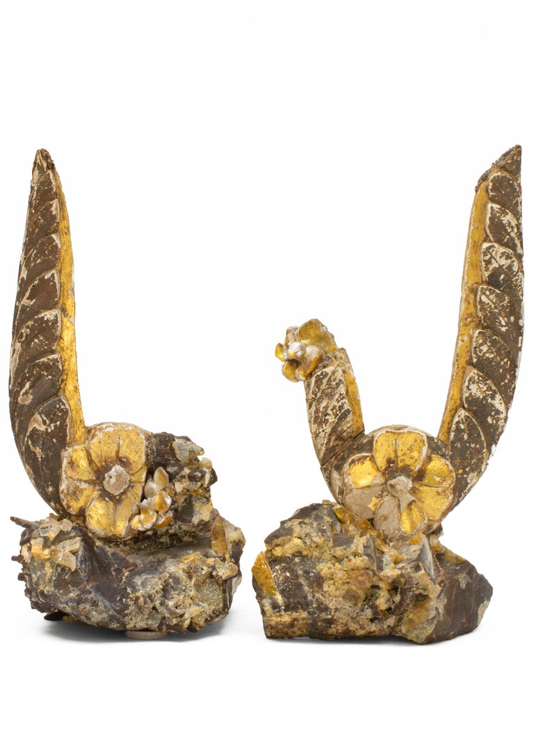 Pair of 18th century Italian fragments with a gold flower relief decorated with natural forming baroque pearls to emulate the flower on a matrix of barite and double terminated calcite crystals.

This particular form of barite comes from Elk