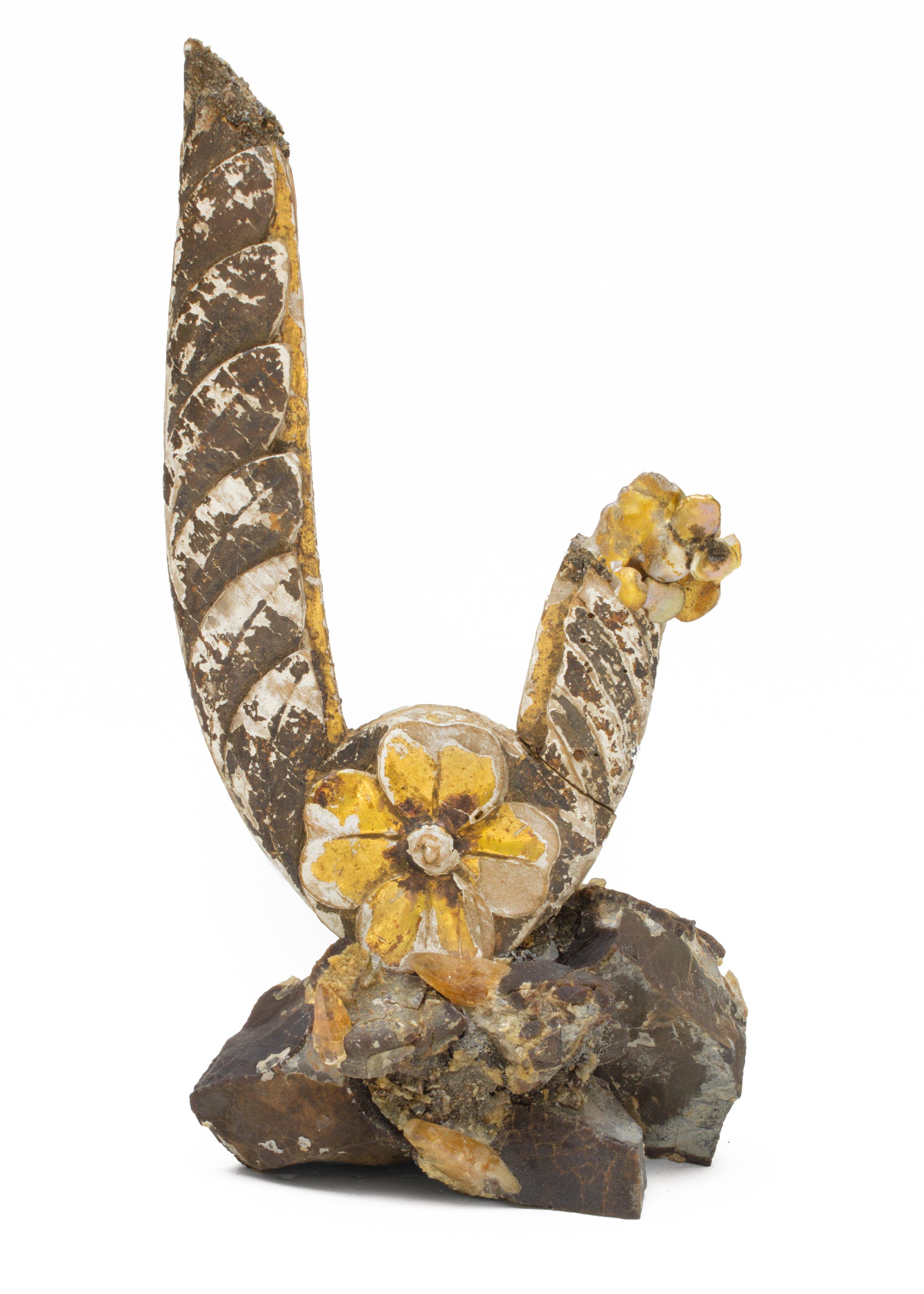 Rock Crystal Pair of 18th Century Italian Fragments with Gold Flower Reliefs & Golden Barite  For Sale