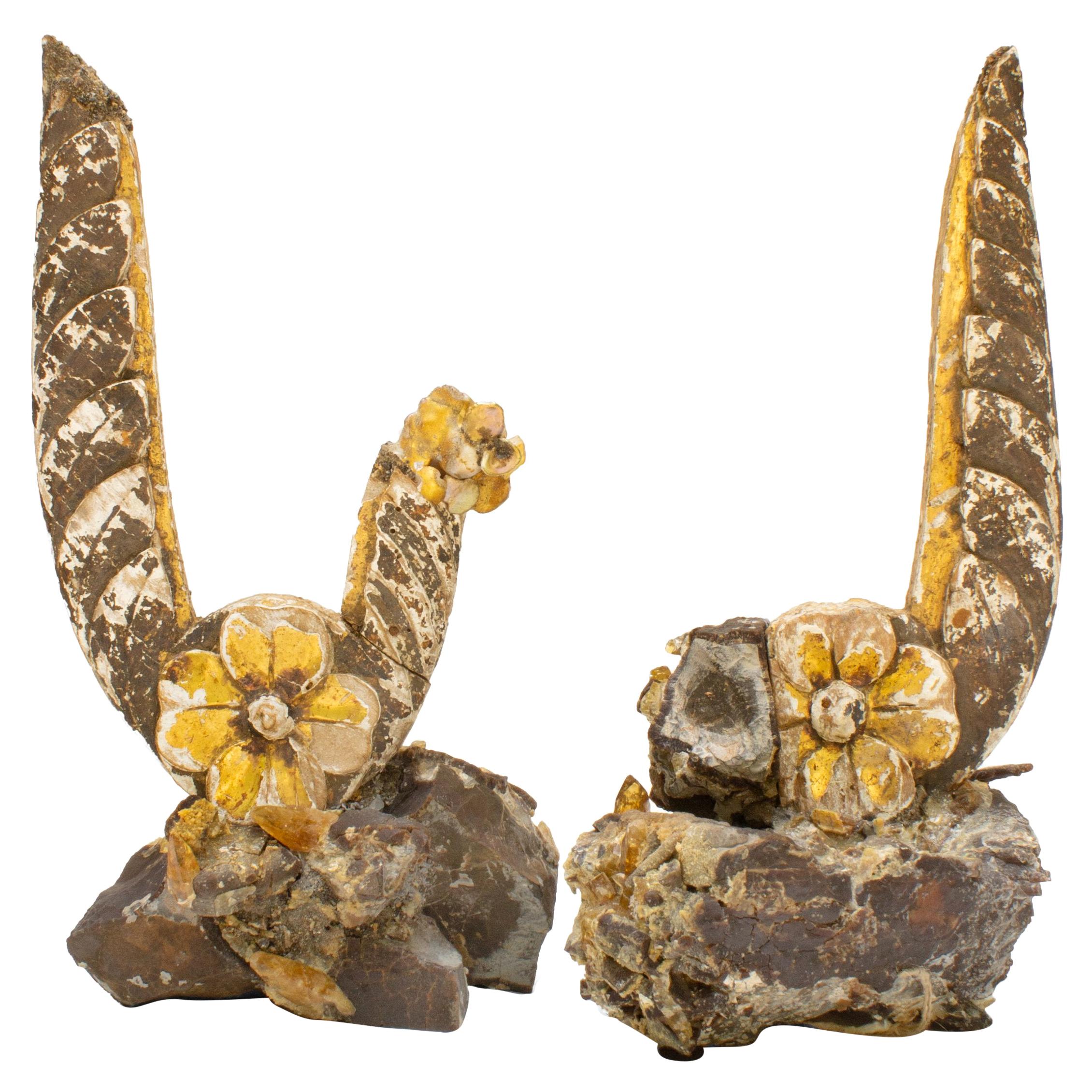 Pair of 18th Century Italian Fragments with Gold Flower Reliefs & Golden Barite 