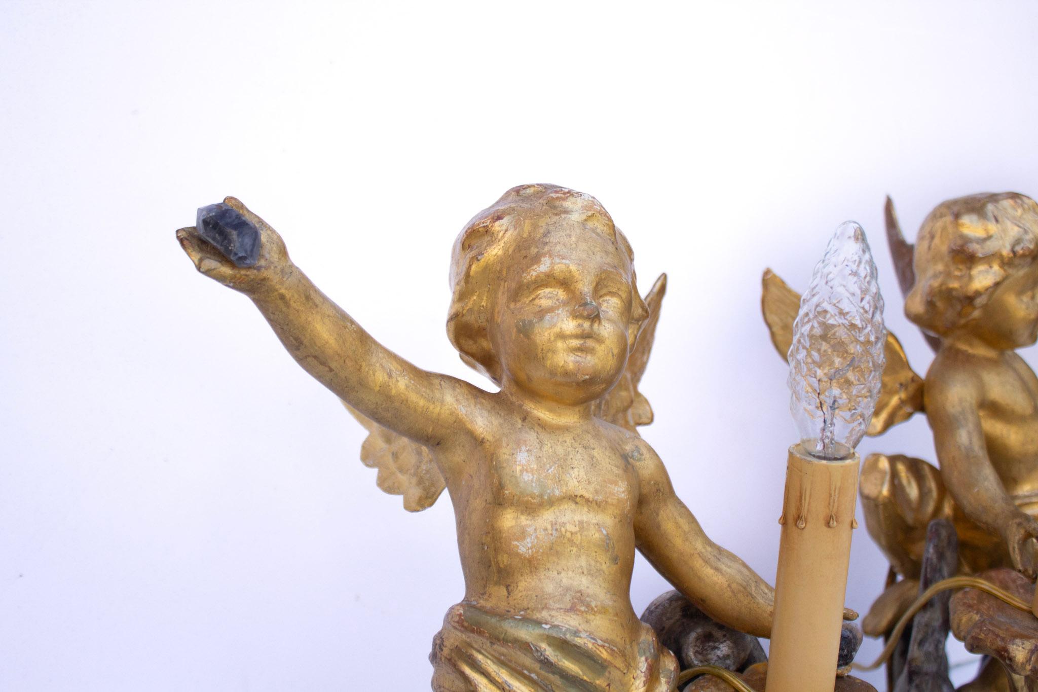 Paire de lampes d'ange italiennes du 18ème siècle, dorées et sculptées à la main sur nuages argentés en vente 7