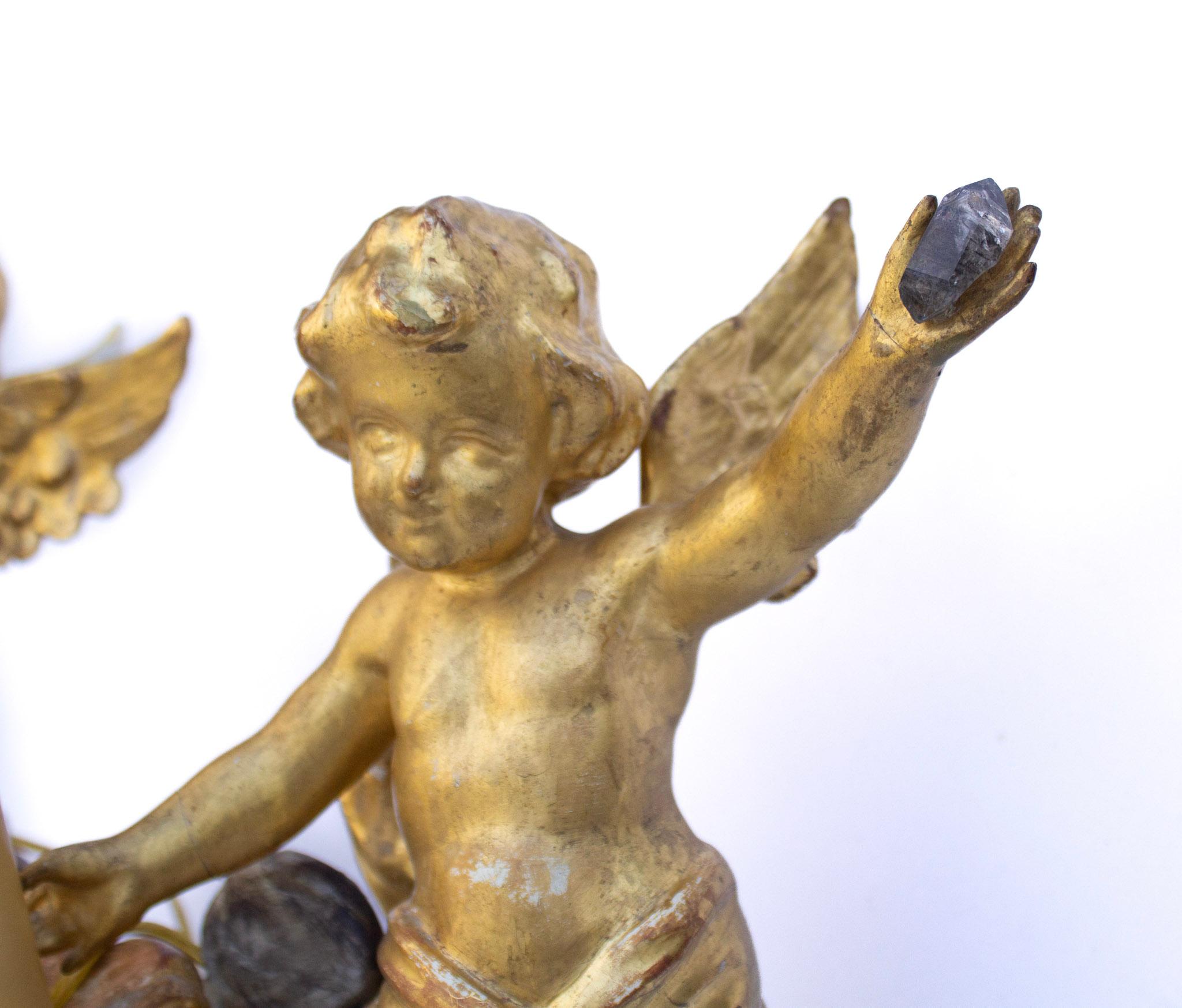 Paire de lampes d'ange italiennes du 18ème siècle, dorées et sculptées à la main sur nuages argentés en vente 8