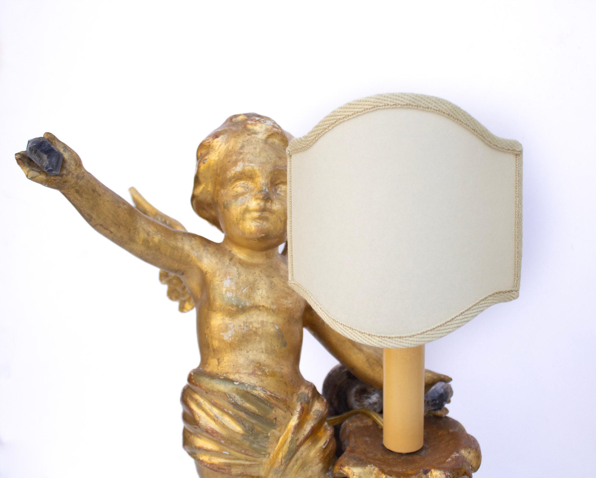 XVIIIe siècle et antérieur Paire de lampes d'ange italiennes du 18ème siècle, dorées et sculptées à la main sur nuages argentés en vente