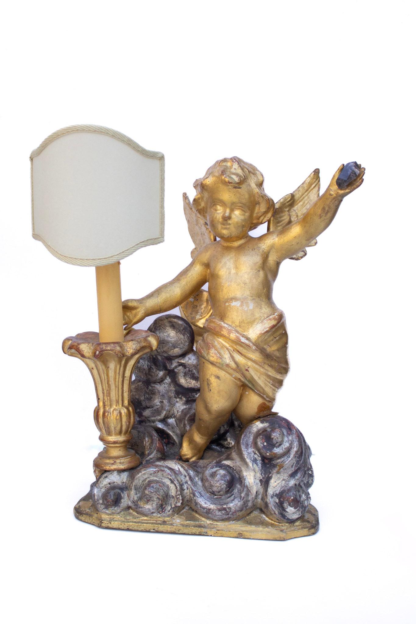 Paire de lampes d'ange italiennes du 18ème siècle, dorées et sculptées à la main sur nuages argentés en vente 1