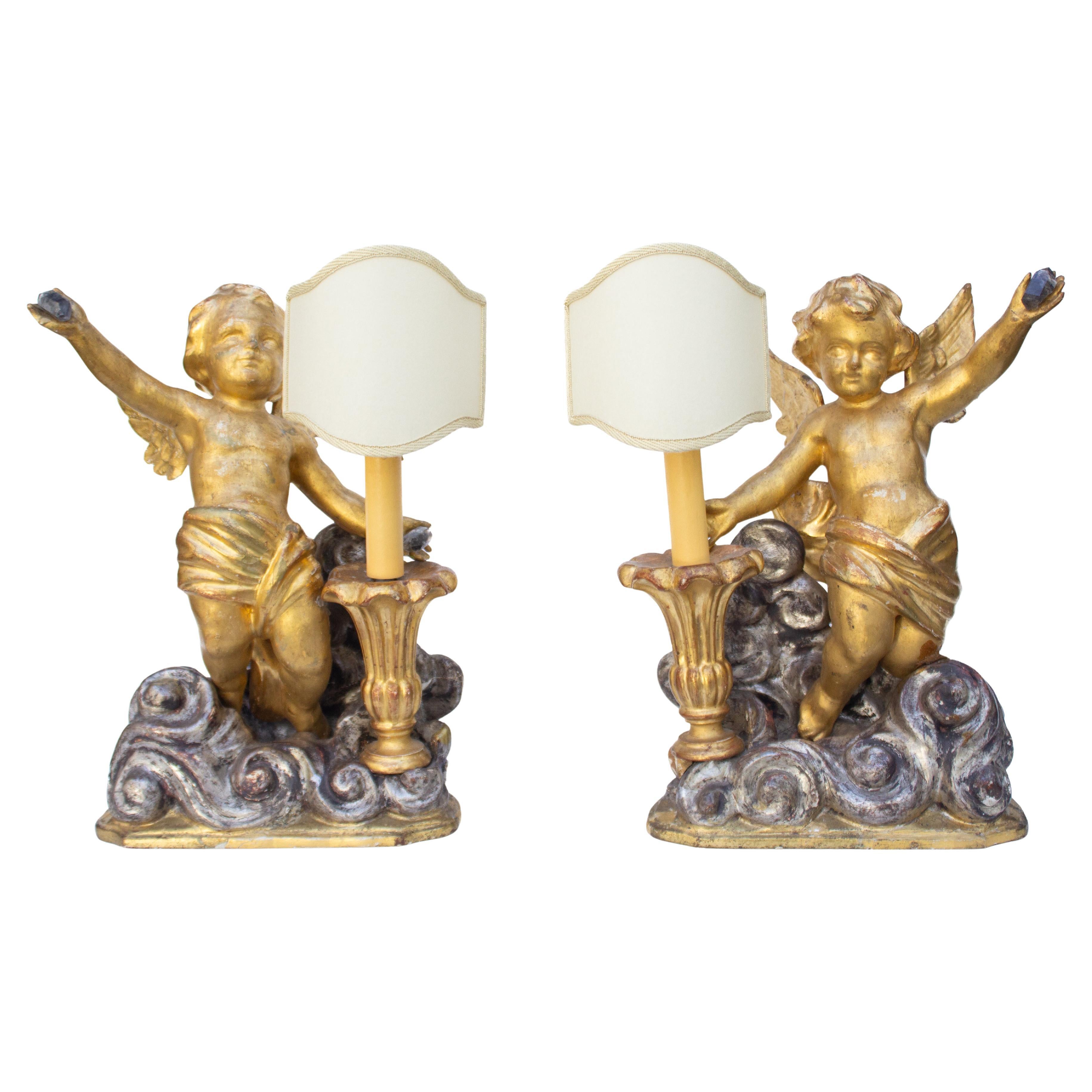 Pair of 18th Century Italian Gilded and Hand-Carved Angel Lamps on Silver Clouds