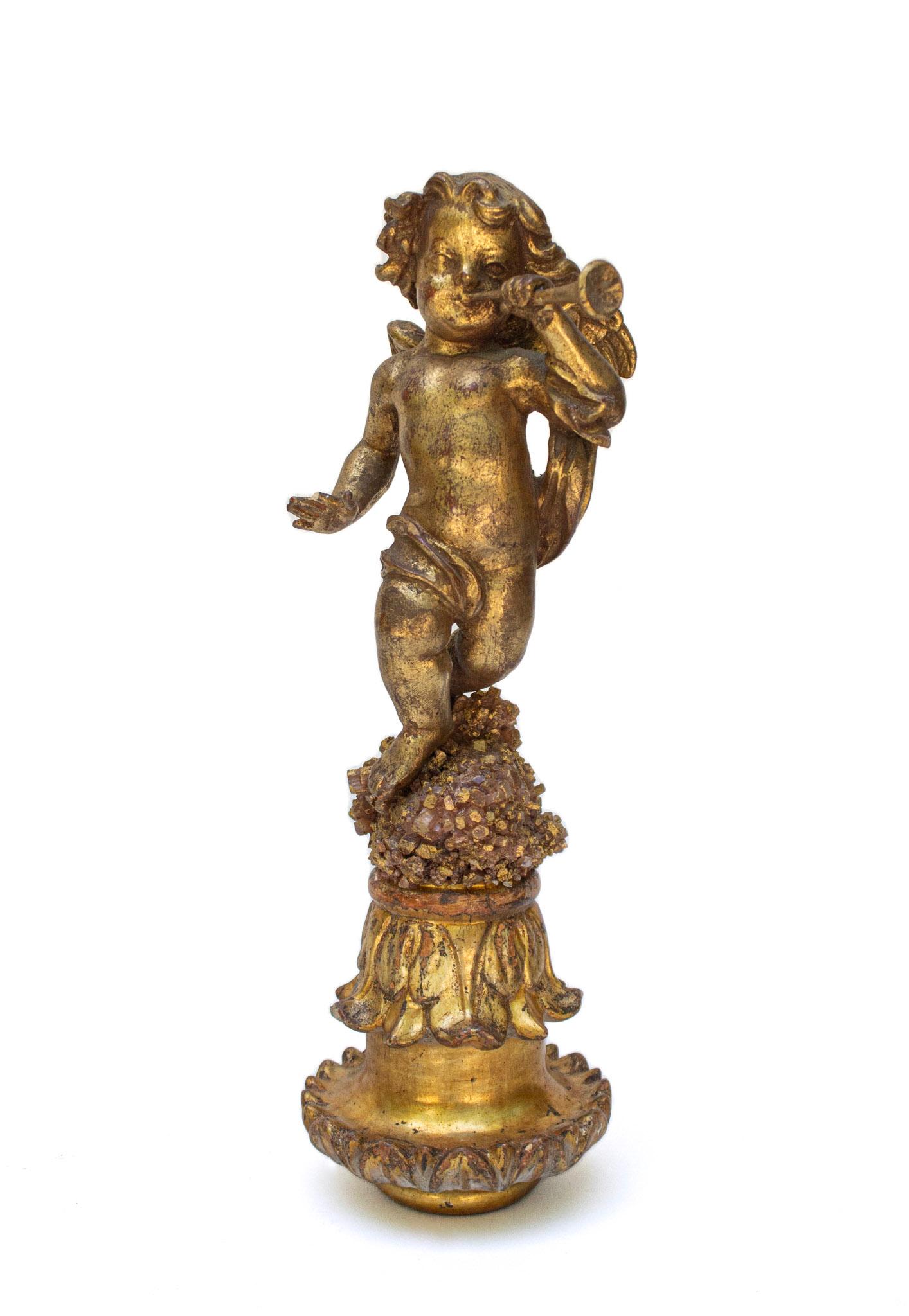 Rock Crystal Pair of 18th Century Italian Gilded Angels on Aragonite Crystal Clusters For Sale