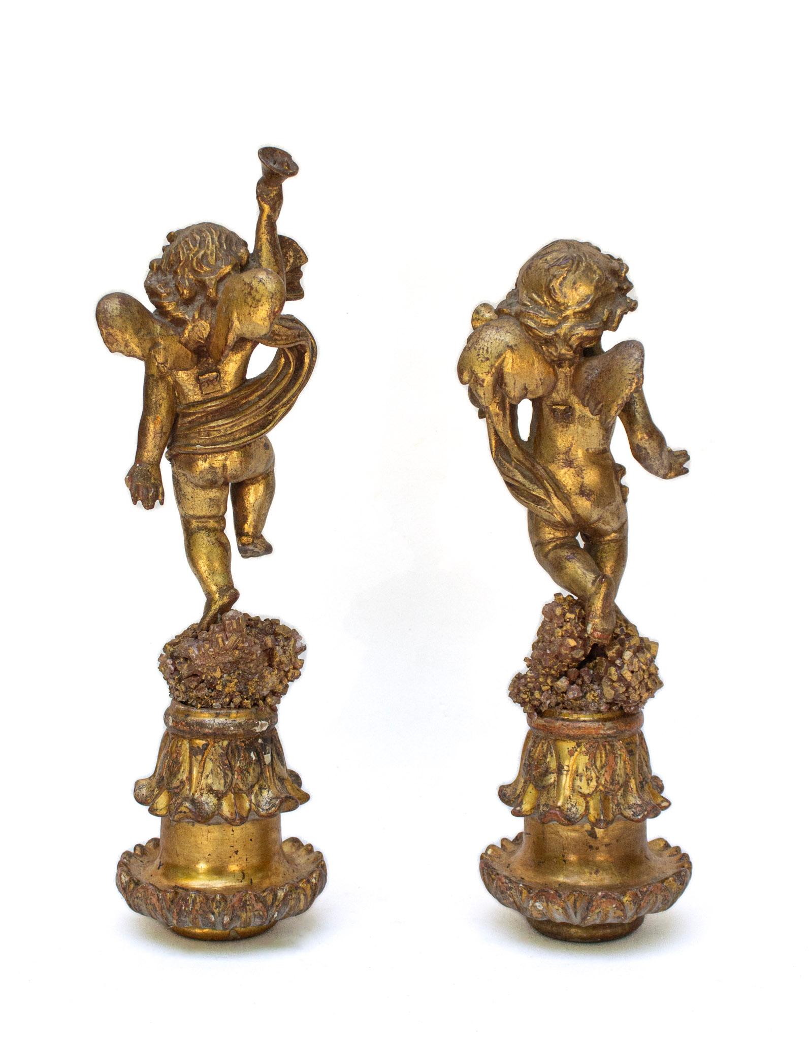 Pair of 18th Century Italian Gilded Angels on Aragonite Crystal Clusters For Sale 2