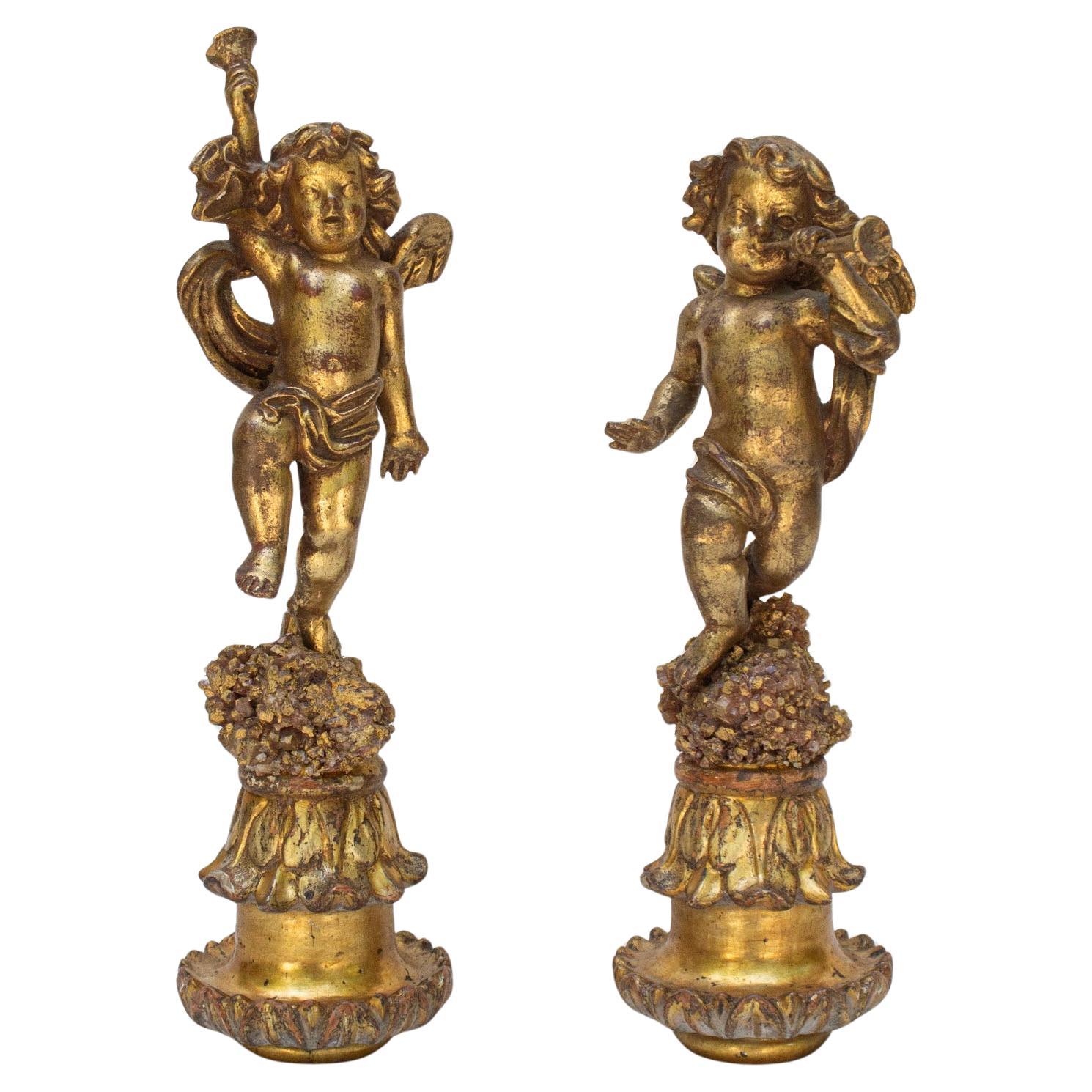 Pair of 18th Century Italian Gilded Angels on Aragonite Crystal Clusters For Sale