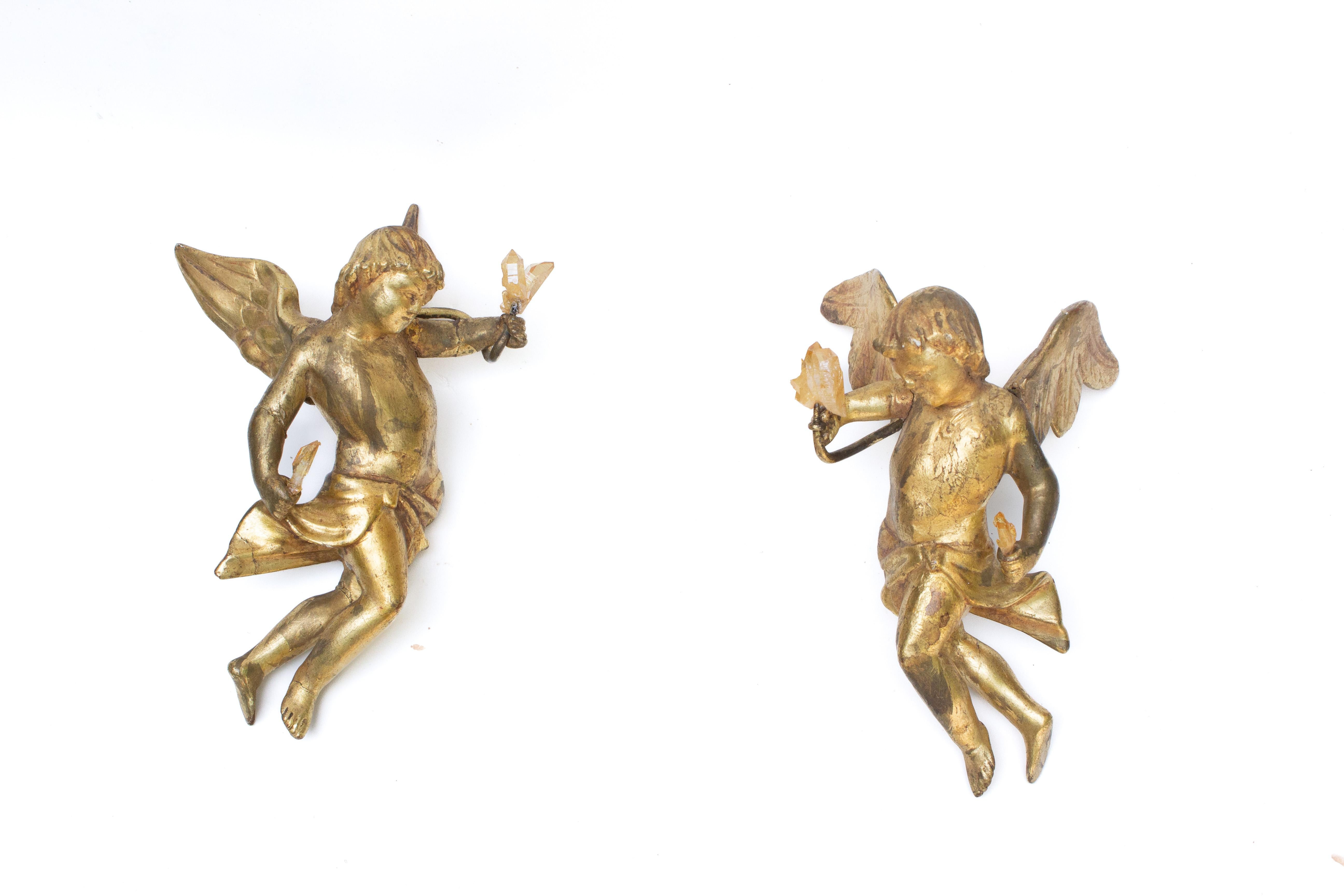 Rococo Pair of 18th Century Italian Gilded Angels with Golden Quartz Crystals 
