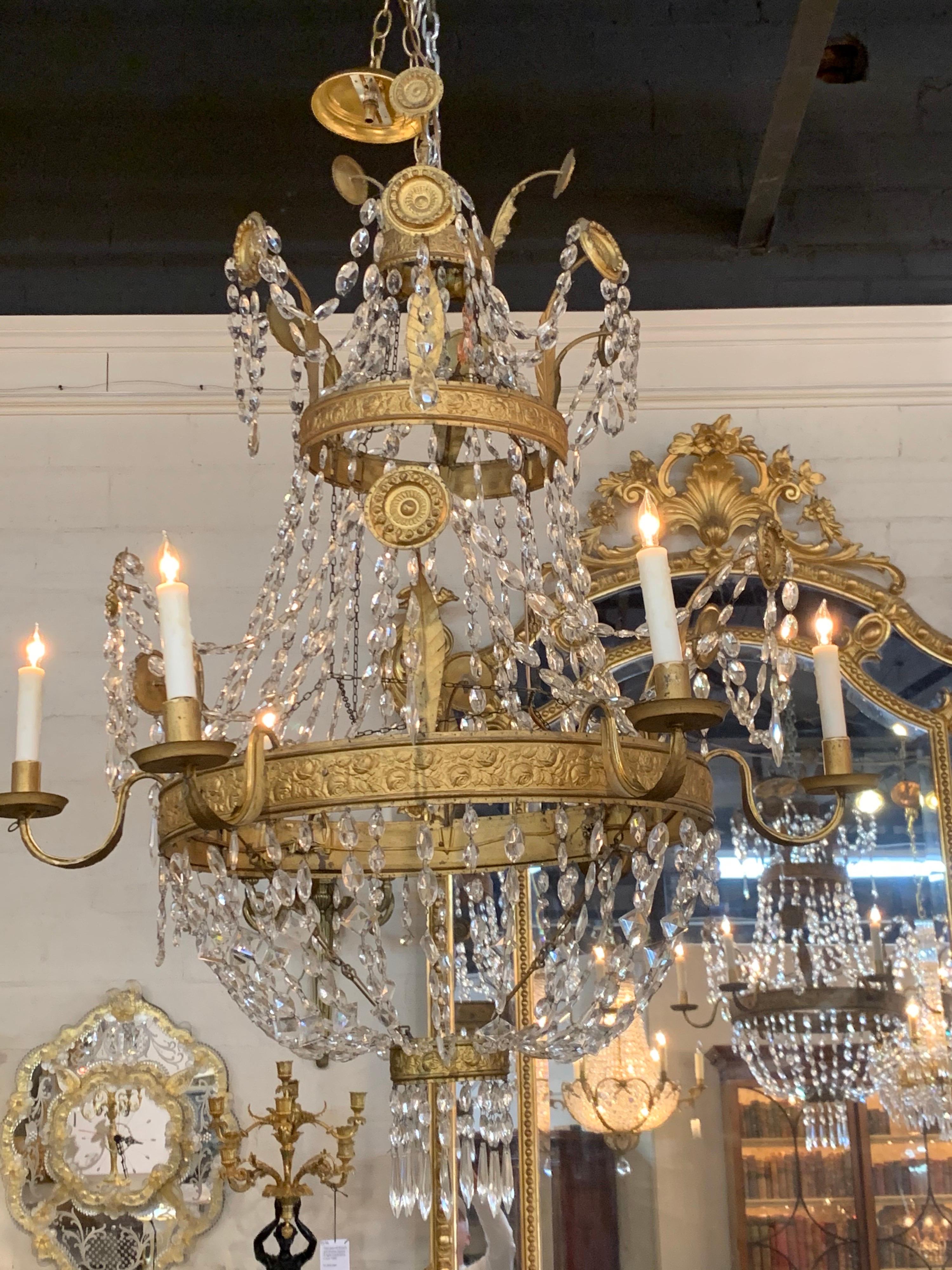 Pair of 18th Century Italian Gilt Metal Beaded and Crystal Chandeliers In Good Condition In Dallas, TX