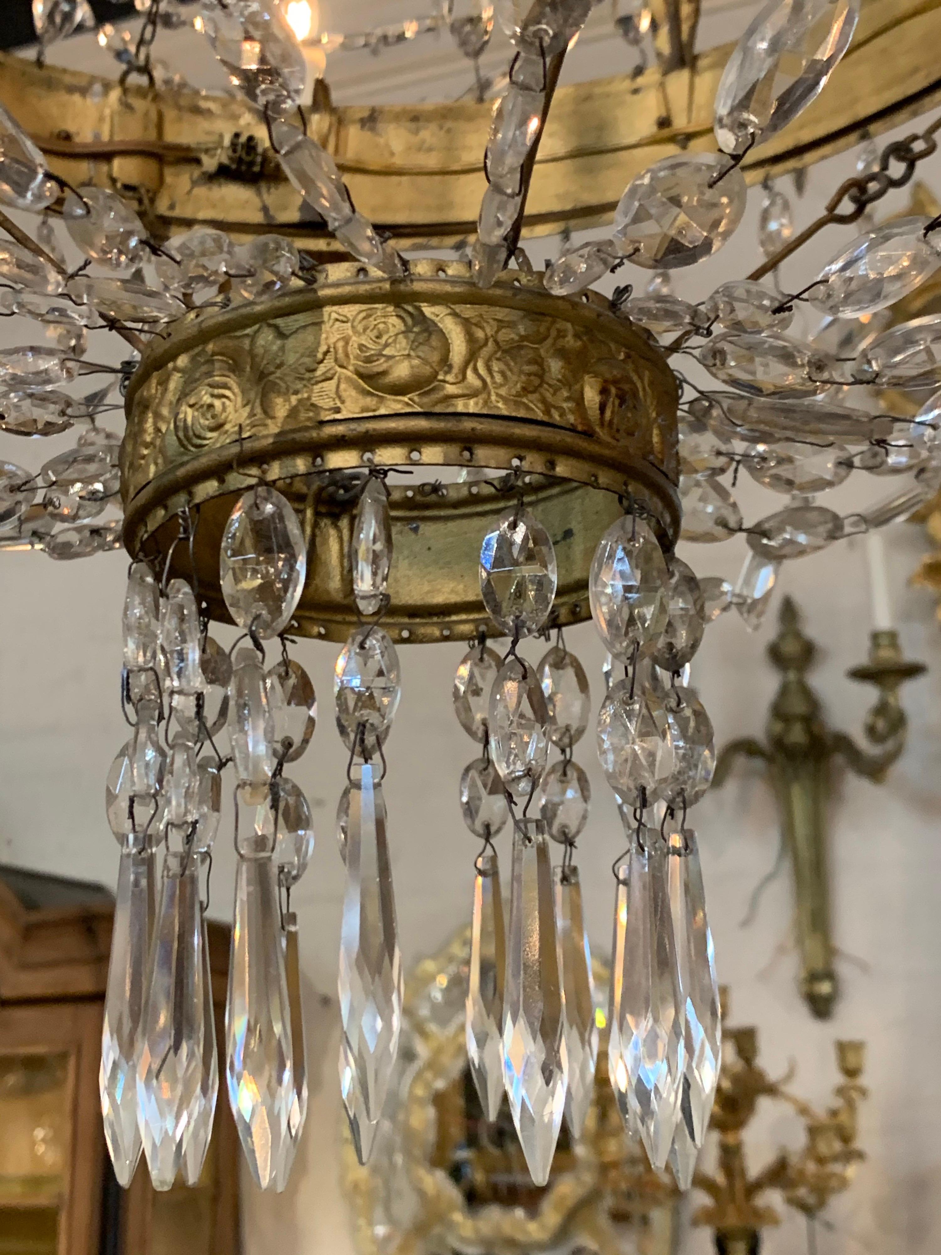 Pair of 18th Century Italian Gilt Metal Beaded and Crystal Chandeliers 1