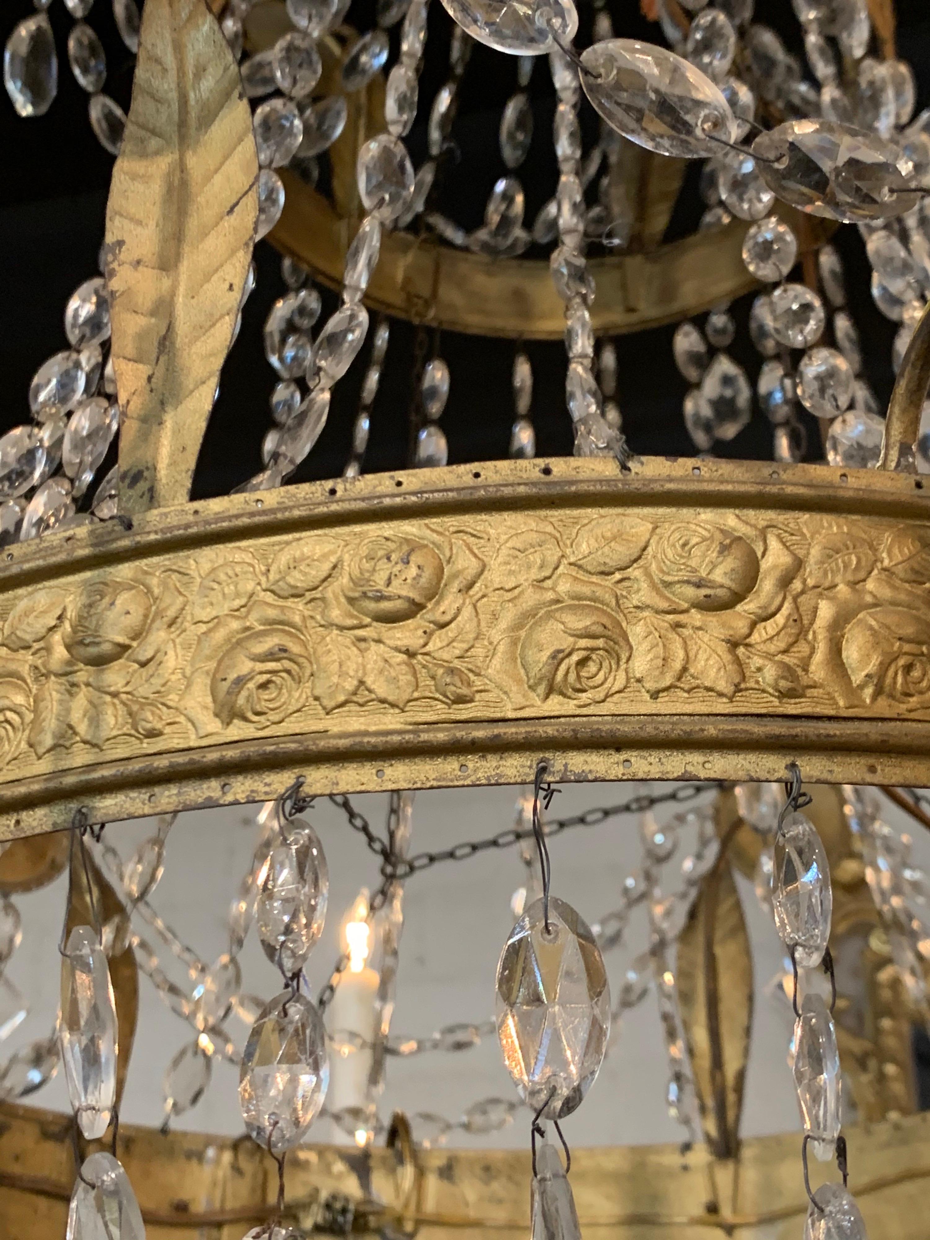 Pair of 18th Century Italian Gilt Metal Beaded and Crystal Chandeliers 2