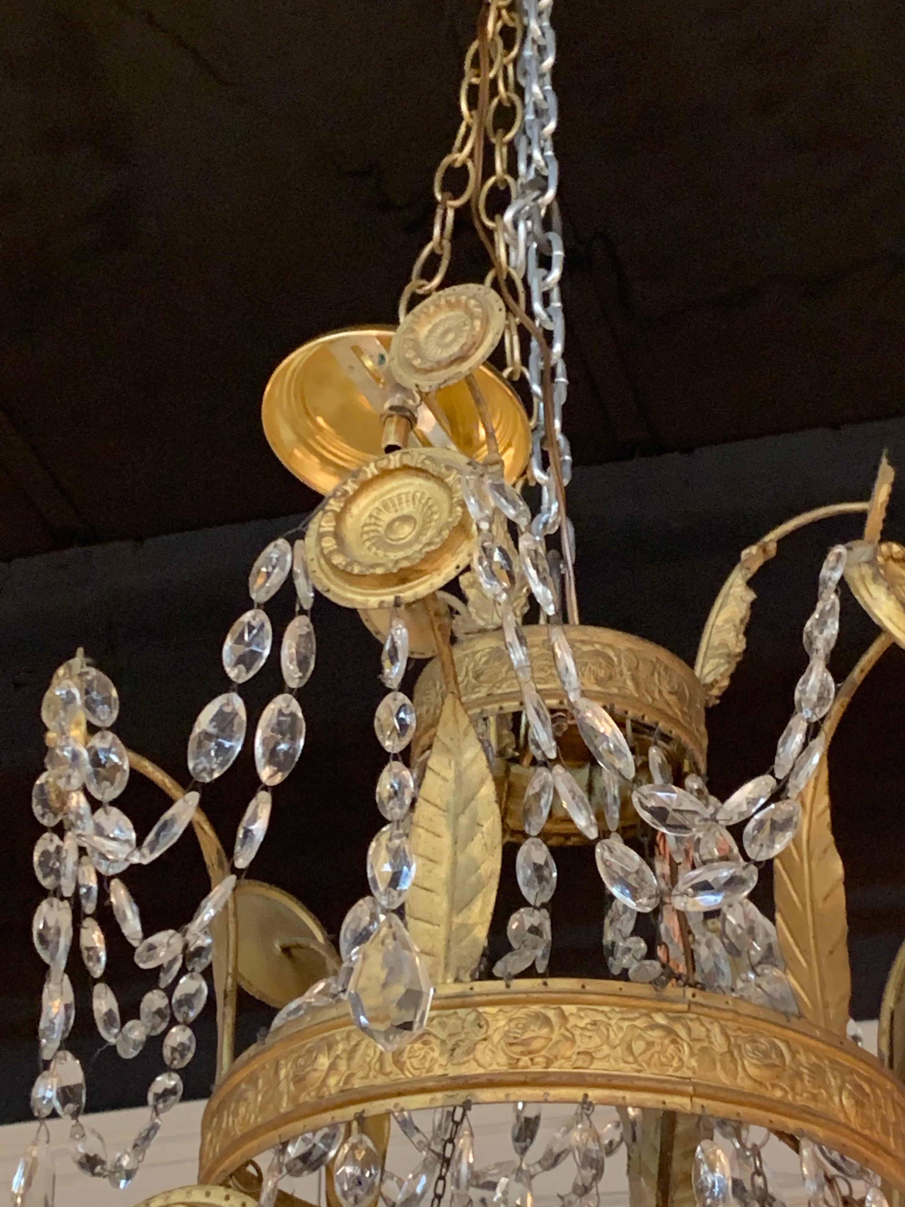 Pair of 18th Century Italian Gilt Metal Beaded and Crystal Chandeliers 3