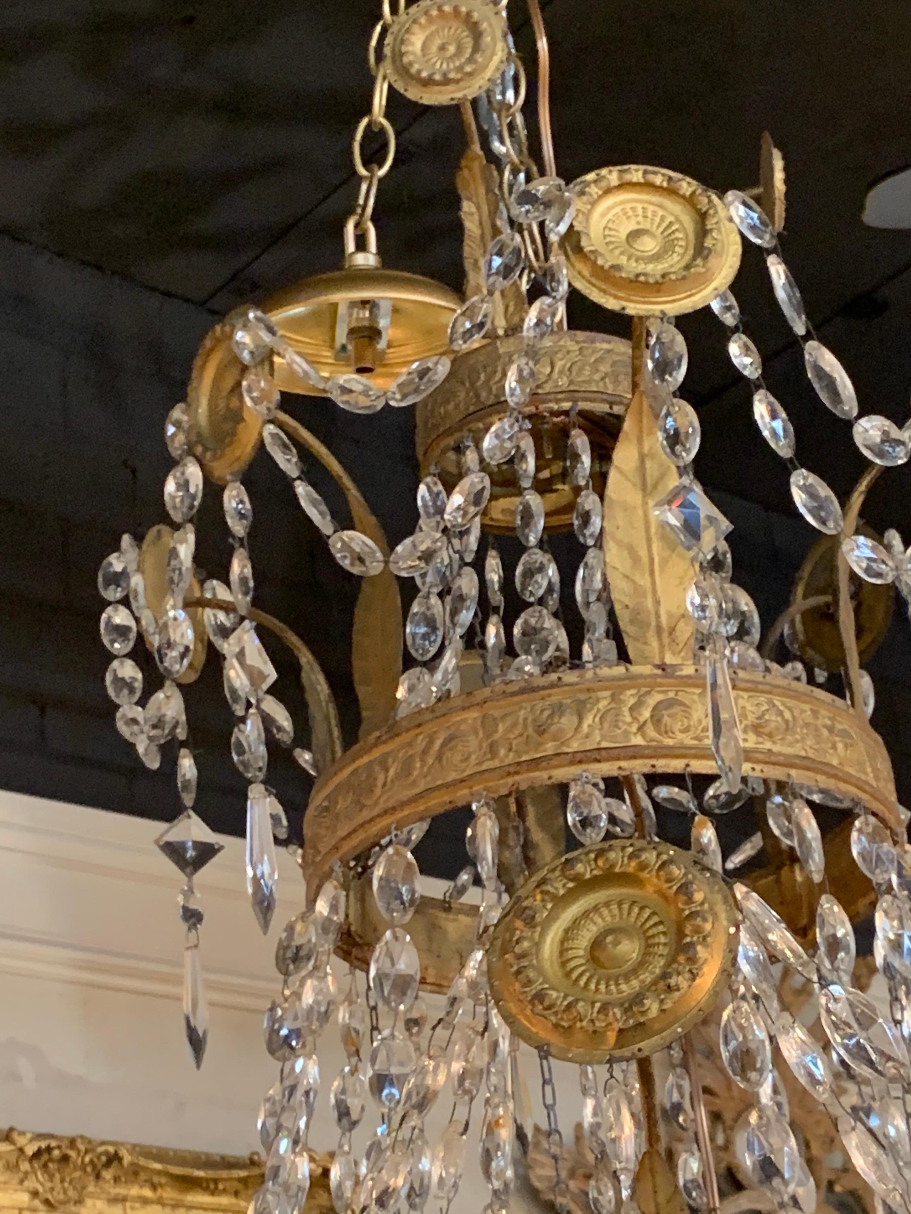 Pair of 18th Century Italian Gilt Metal Beaded and Crystal Chandeliers 4