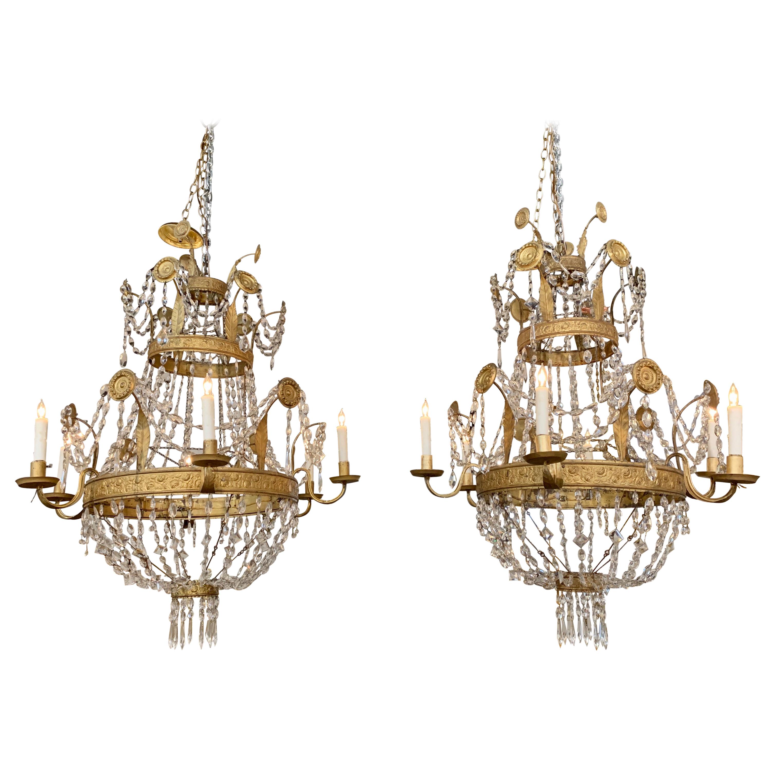 Pair of 18th Century Italian Gilt Metal Beaded and Crystal Chandeliers