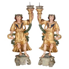 Pair of 18th Century Italian Gilt Wood Polychrome Figural Pricket Candlesticks