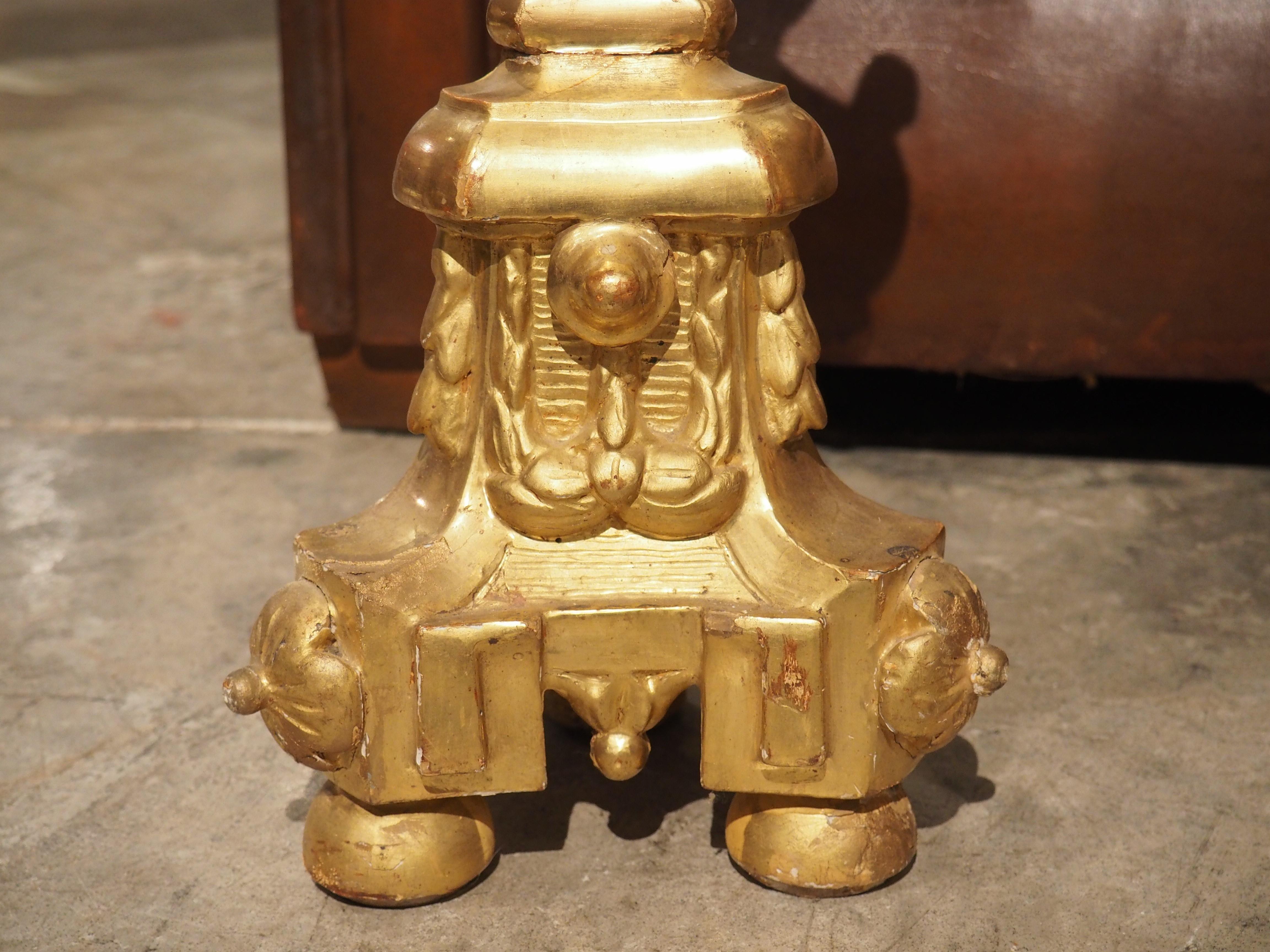 Hand-Carved Pair of 18th Century Italian Giltwood Altar Candlesticks