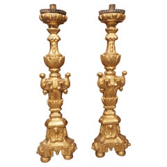 Pair of 18th Century Italian Giltwood Altar Candlesticks