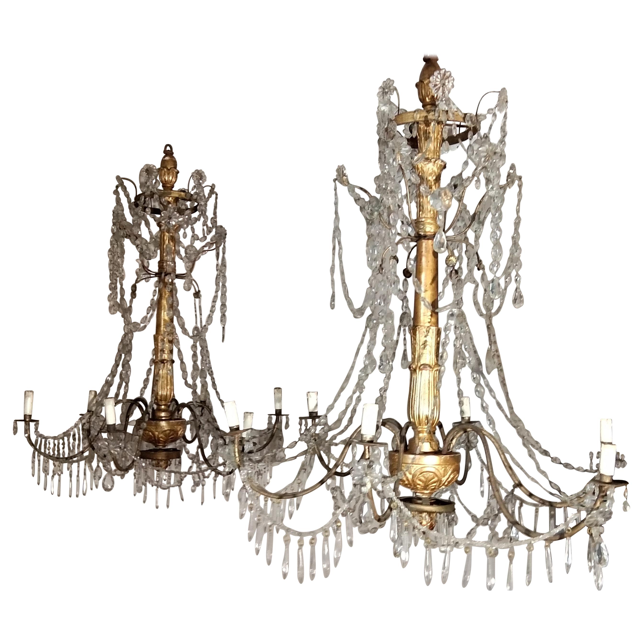 Pair of 18th Century Italian Giltwood and Beaded Crystal Chandeliers For Sale