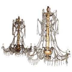 Pair of 18th Century Italian Giltwood and Beaded Crystal Chandeliers