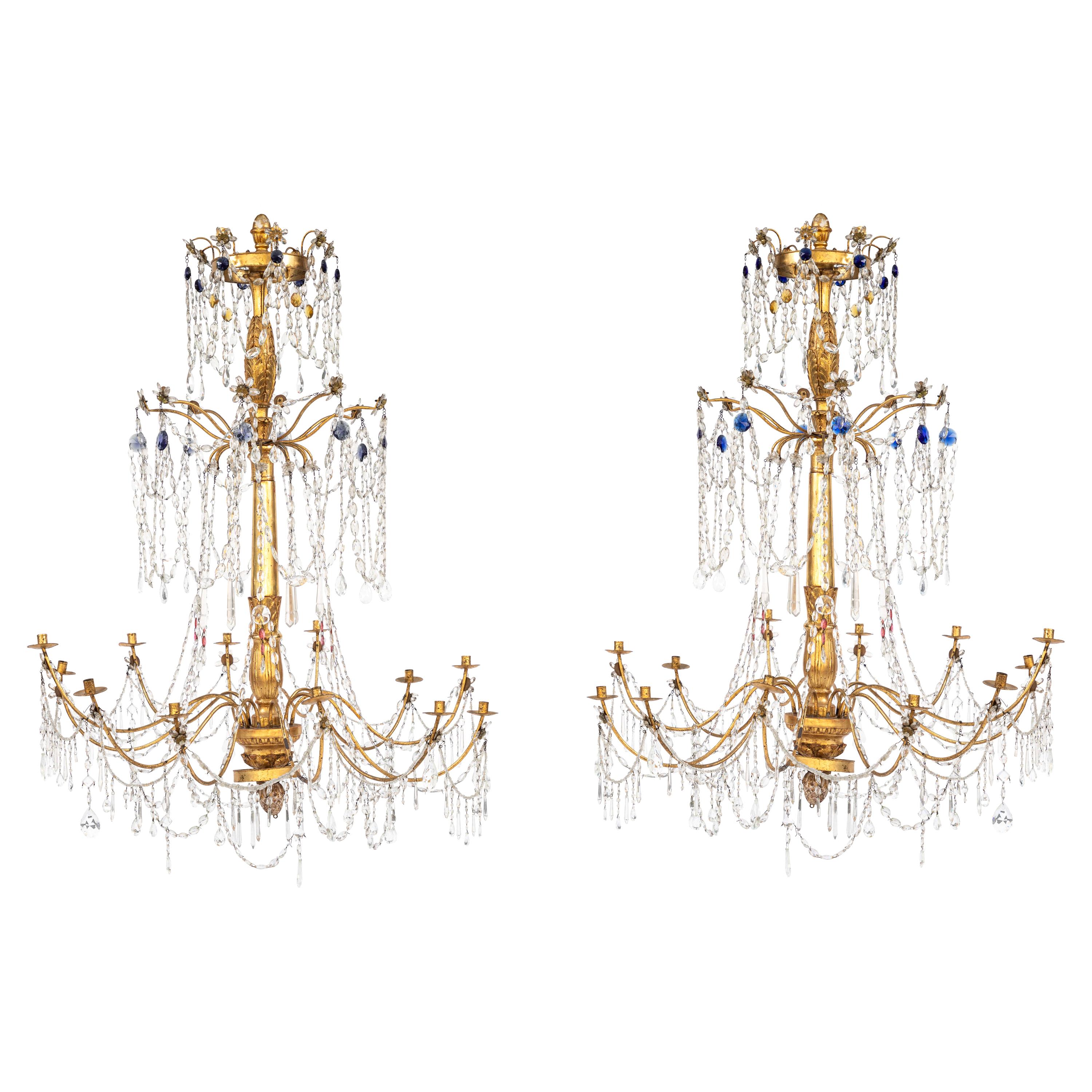 Pair of 18th Century Italian Giltwood and Gilded Iron Chandeliers