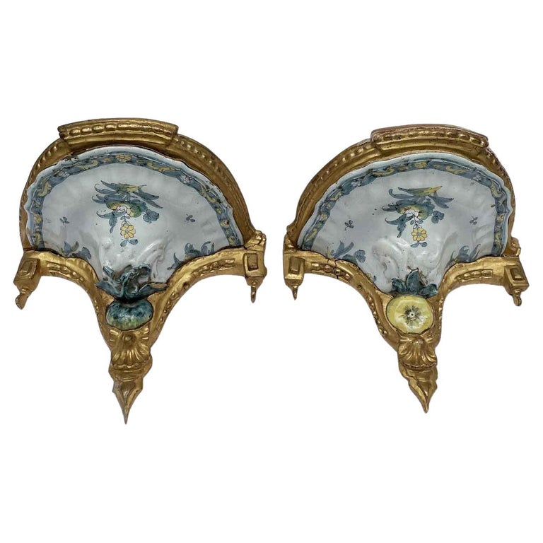 Pair of 18th Century Italian Giltwood and Majolica Wall Brackets at 1stDibs
