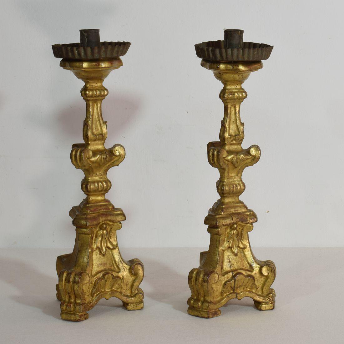 18th Century and Earlier Pair of 18th Century Italian Giltwood Baroque Candlesticks or Candleholders