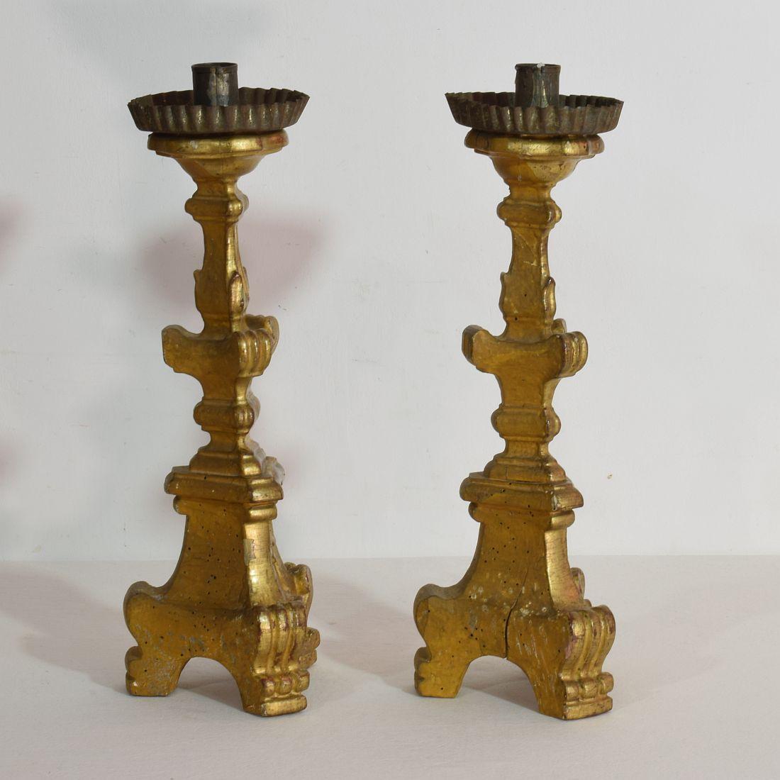 Wood Pair of 18th Century Italian Giltwood Baroque Candlesticks or Candleholders