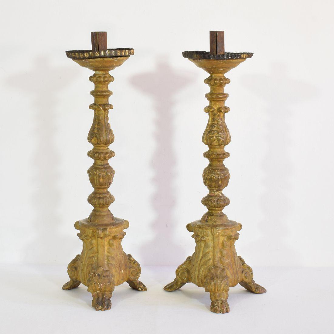 Wood Pair of 18th Century Italian Giltwood Baroque Candlesticks or Candleholders