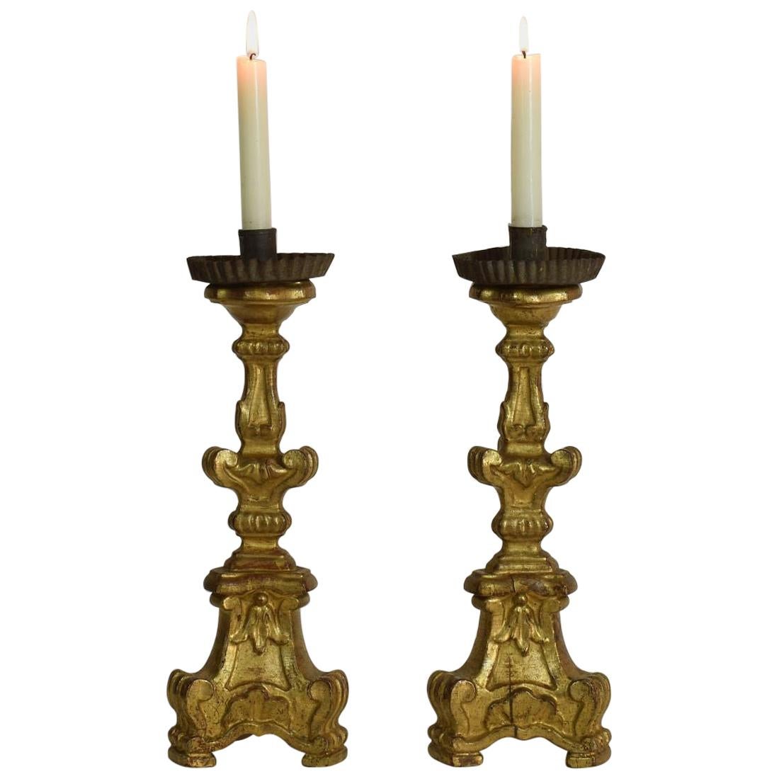 Pair of 18th Century Italian Giltwood Baroque Candlesticks or Candleholders