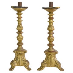 Pair of 18th Century Italian Giltwood Baroque Candlesticks or Candleholders