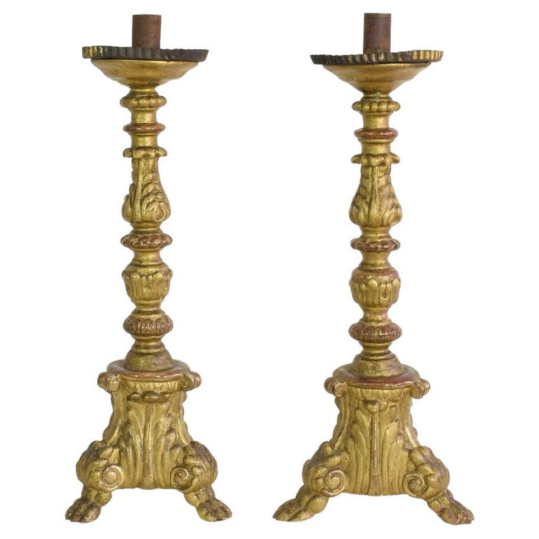 Pair of 18th Century Italian Giltwood Baroque Candlesticks or Candleholders For Sale