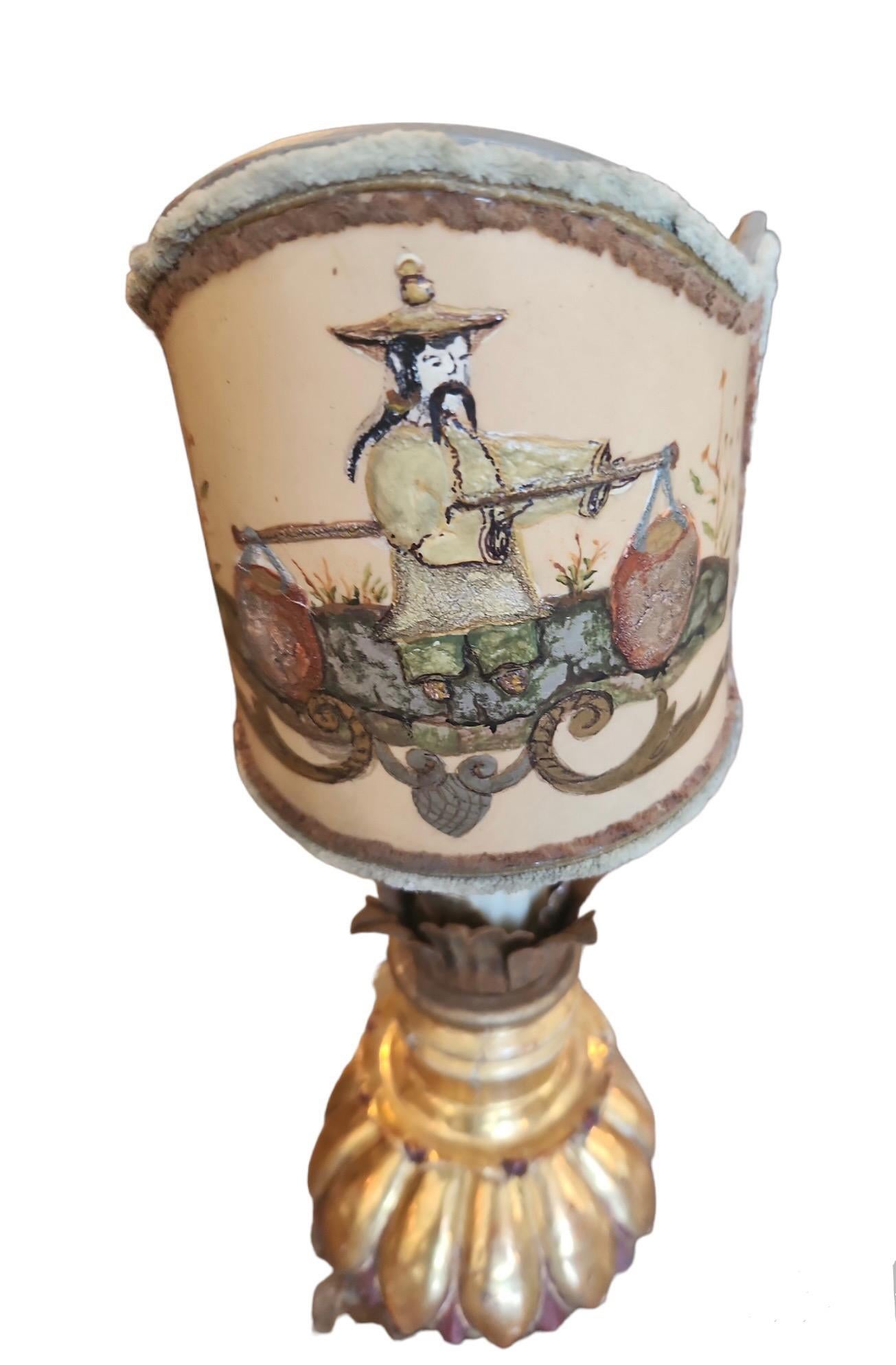 Hand-Painted Pair of 18th Century Italian Giltwood Fragment Lamps For Sale