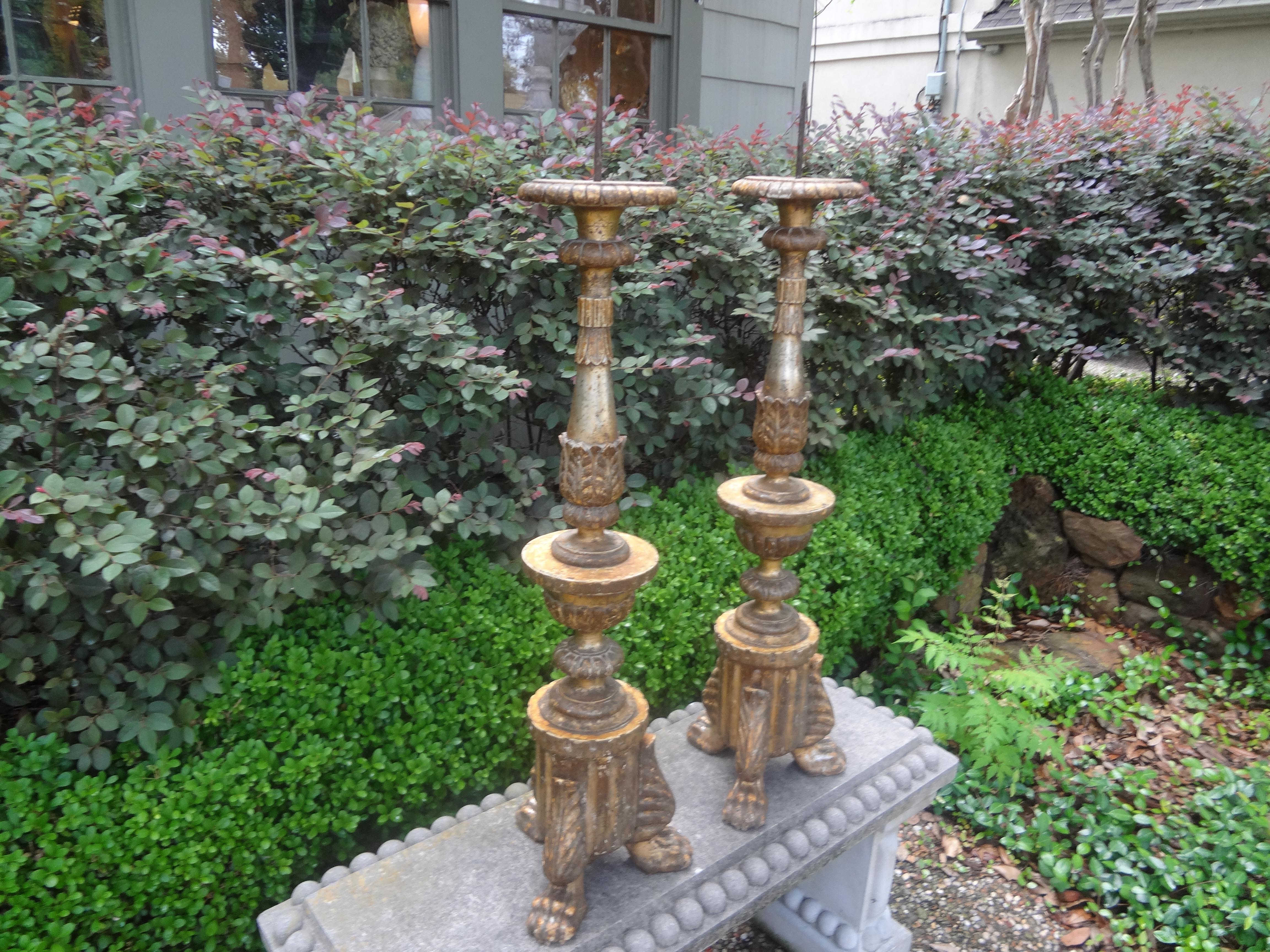 Pair of 18th Century Italian Giltwood Altar Sticks or Prickets from Lucca For Sale 3