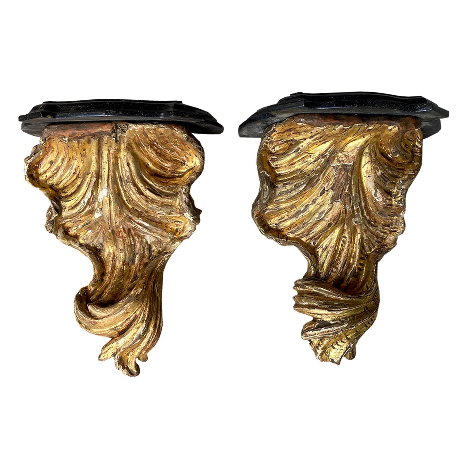 Pair of 18th Century Italian Giltwood Shell Brackets with Marble Tops For Sale