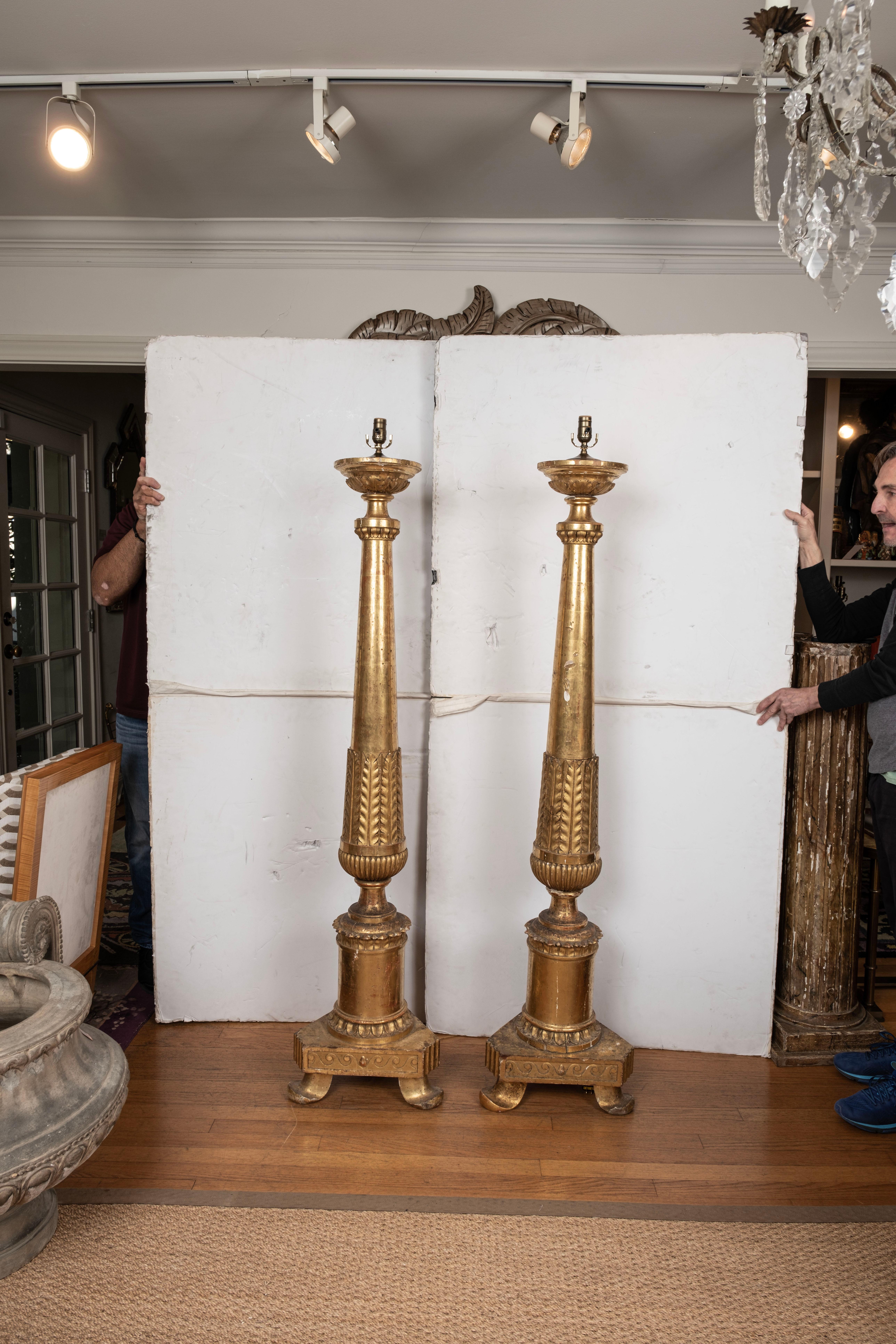 Pair of 18th century Italian giltwood torchieres.
This lovely pair of 18th century Italian Louis XVI period gilt wood torchieres, torcheres or floor lamps have been newly French wired for U.S. use. Our beautiful antique Italian, possible Venetian