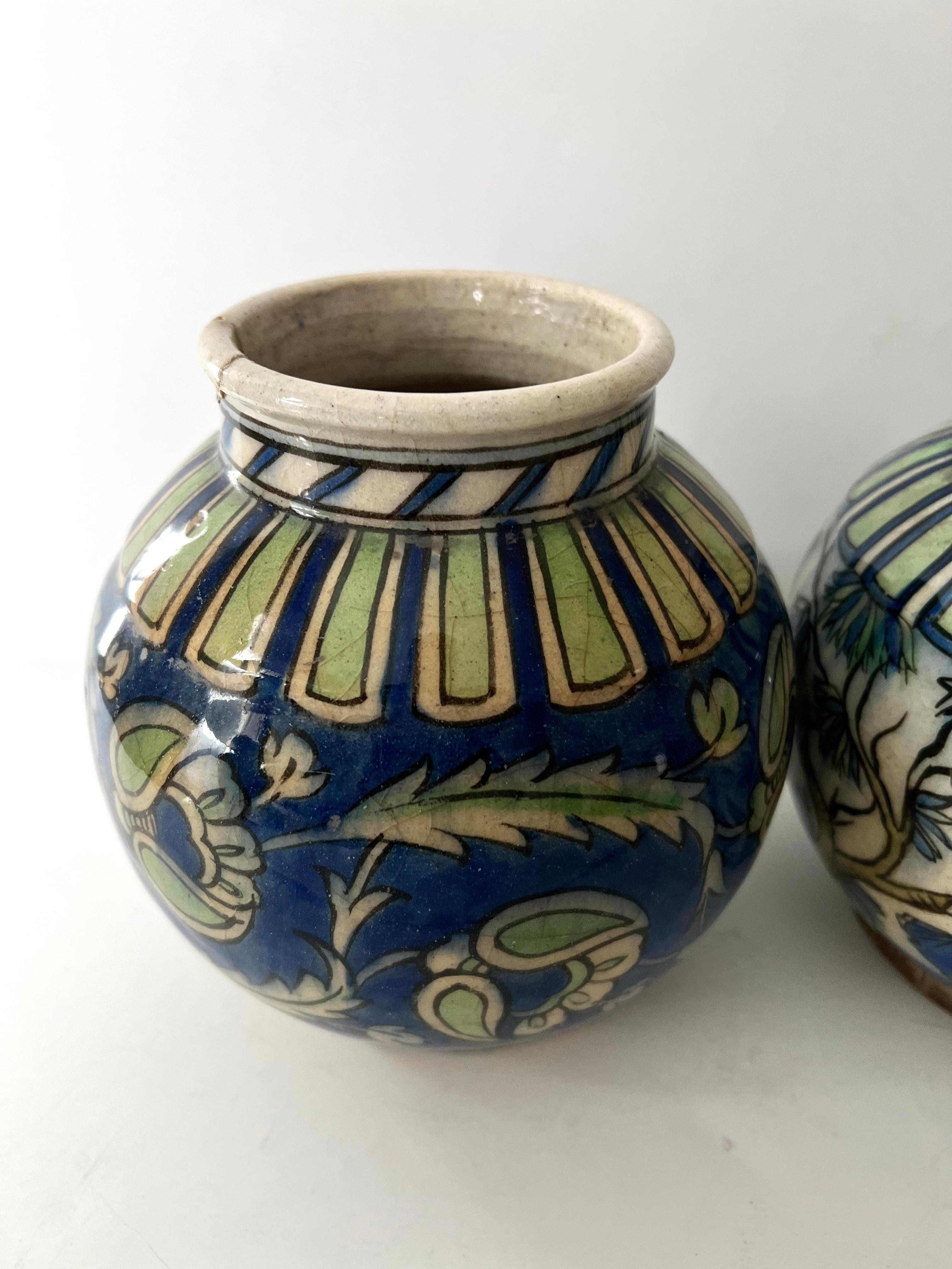 Hand-Painted Pair of 18th Century Italian Glazed Terracotta Planters Vessels For Sale
