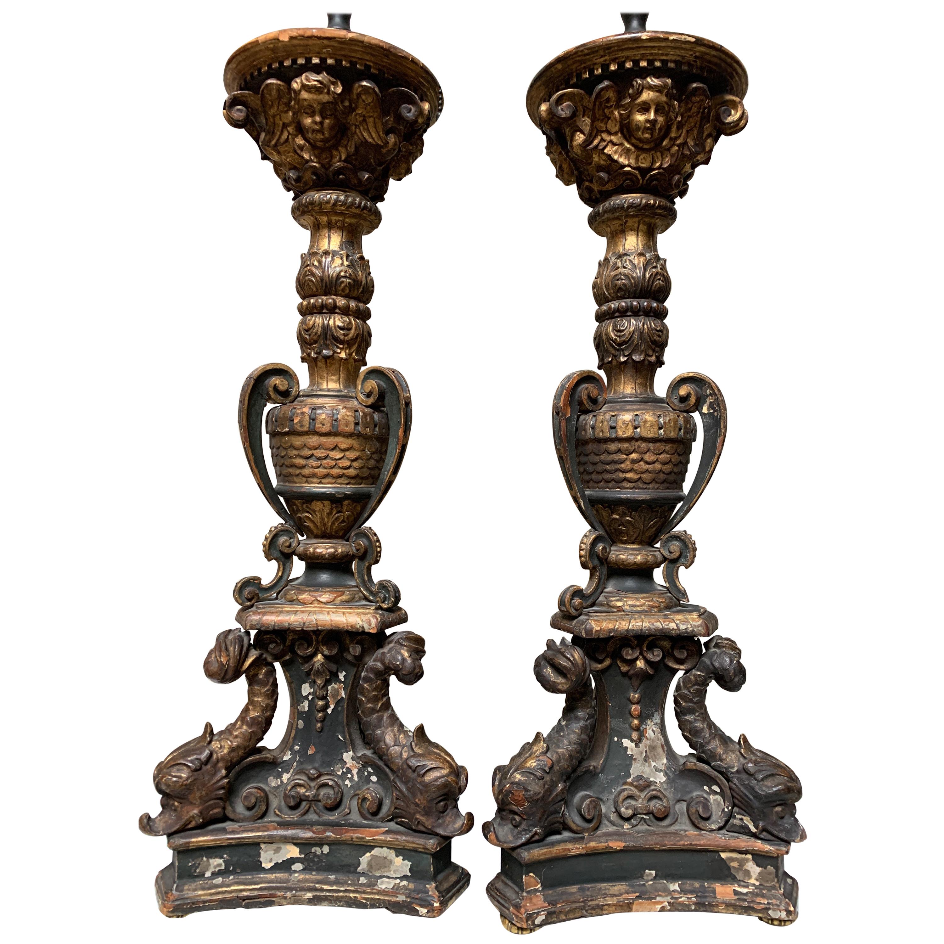 Pair of 18th Century Italian Gold Leaf and Blue Painted Candlesticks