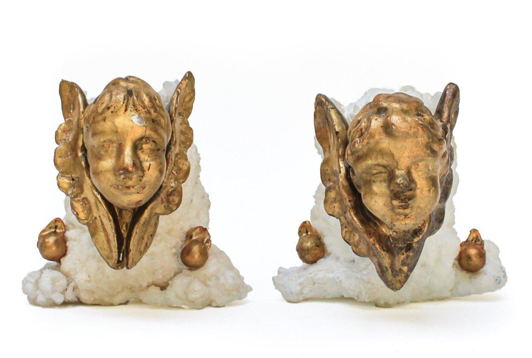 18th century Italian gold leaf angels mounted on aragonite and adorned with baroque pearls. These angels or putti (plural for putto) are cherub figures that frequently appear in both mythological and religious paintings and sculpture, especially of