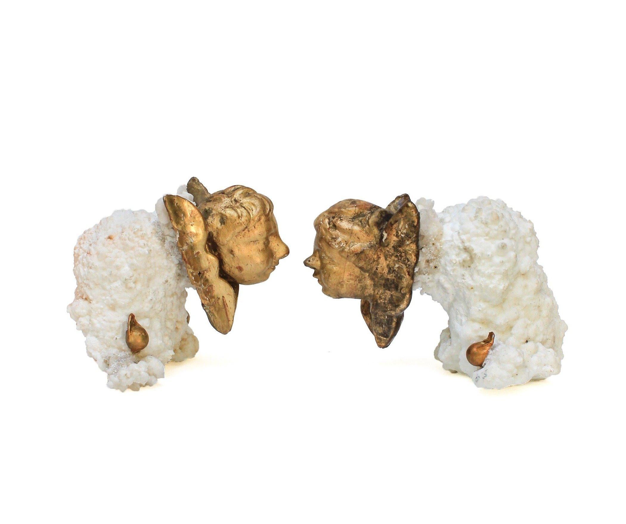 Rococo Pair of 18th Century Italian Gold Leaf Angels on Aragonite with Baroque Pearls