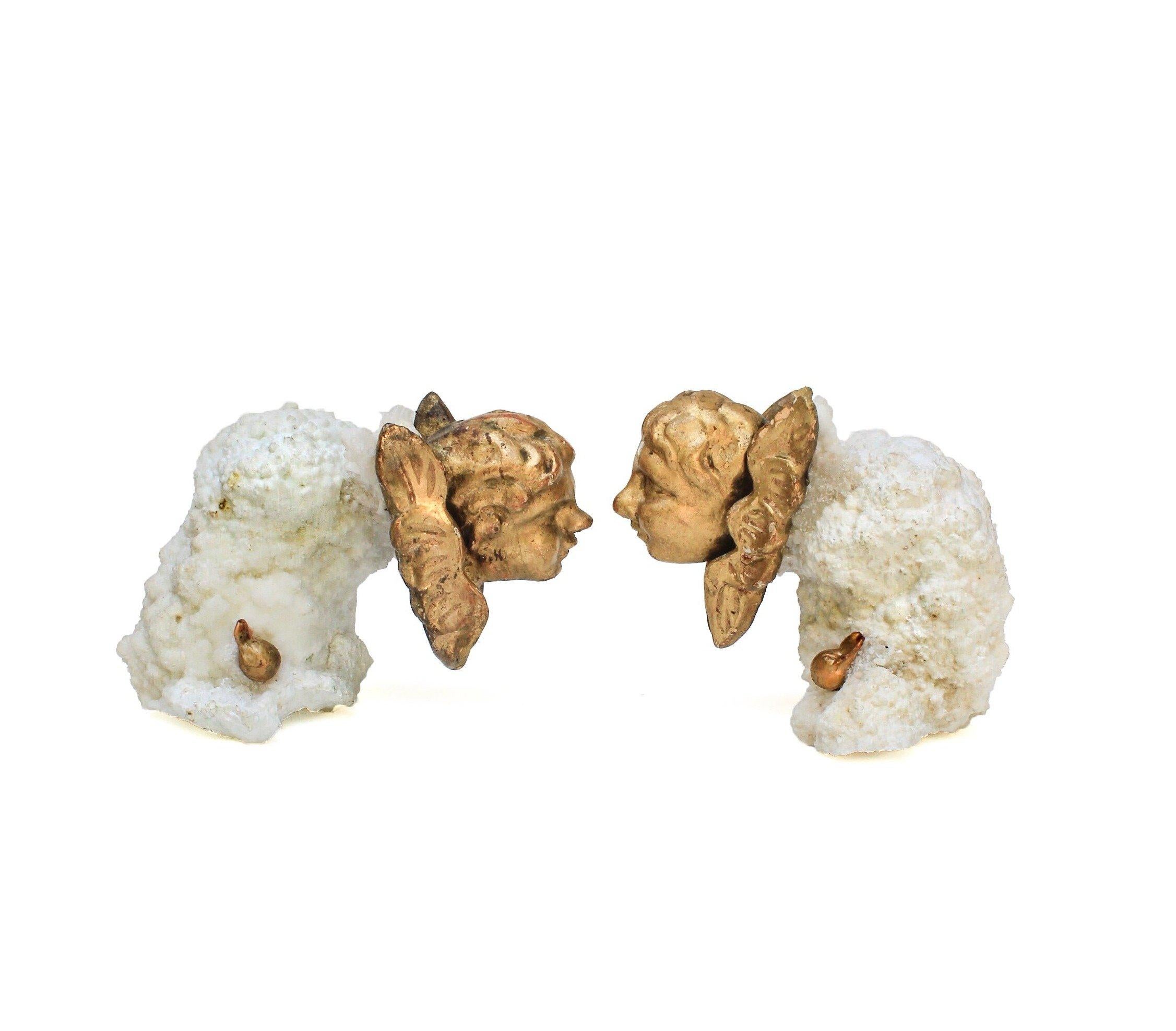 18th Century and Earlier Pair of 18th Century Italian Gold Leaf Angels on Aragonite with Baroque Pearls