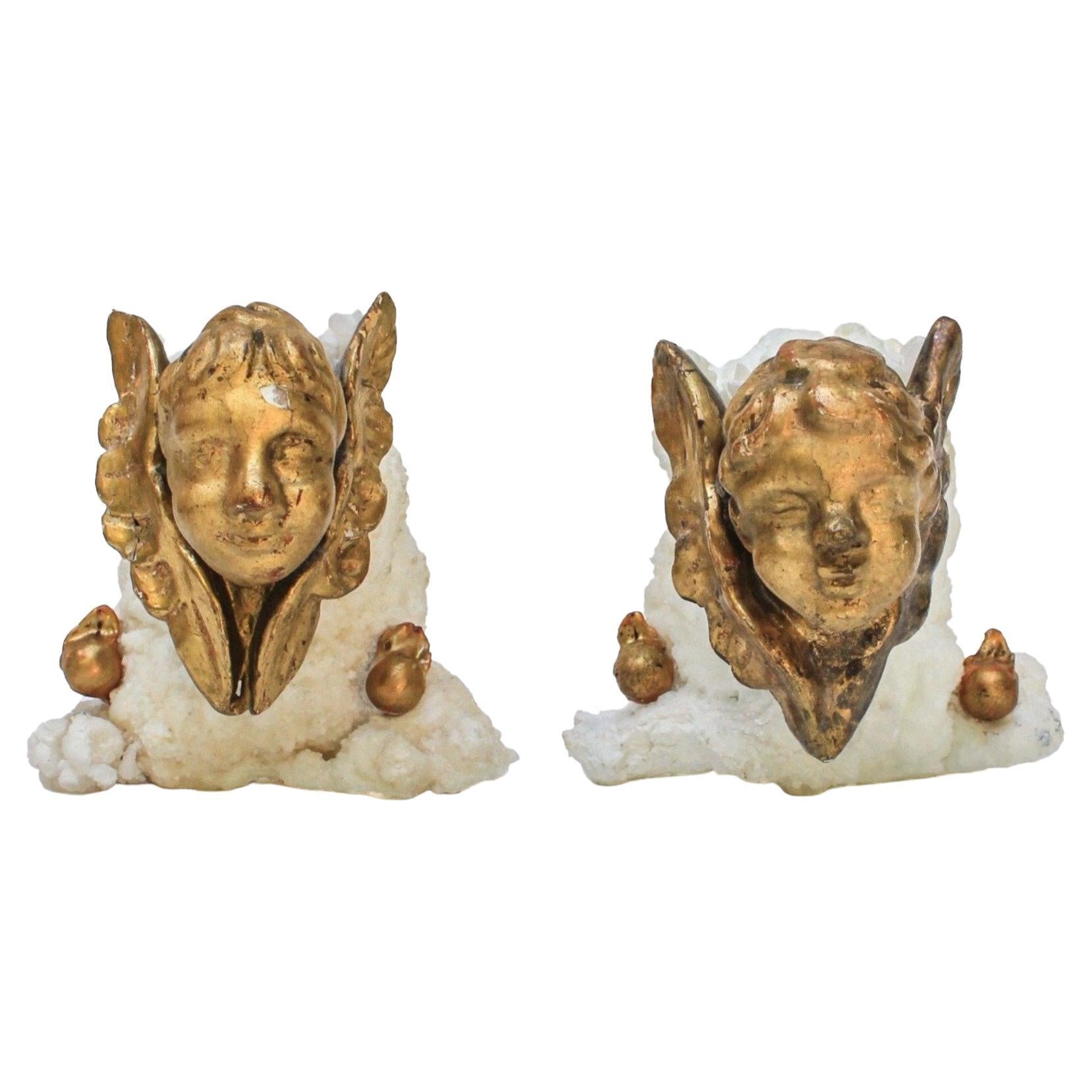 Pair of 18th Century Italian Gold Leaf Angels on Aragonite with Baroque Pearls