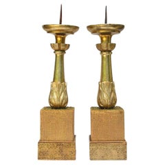 Pair of 18th Century Italian Gold Leaf Candlesticks Adorned with Antique Textile